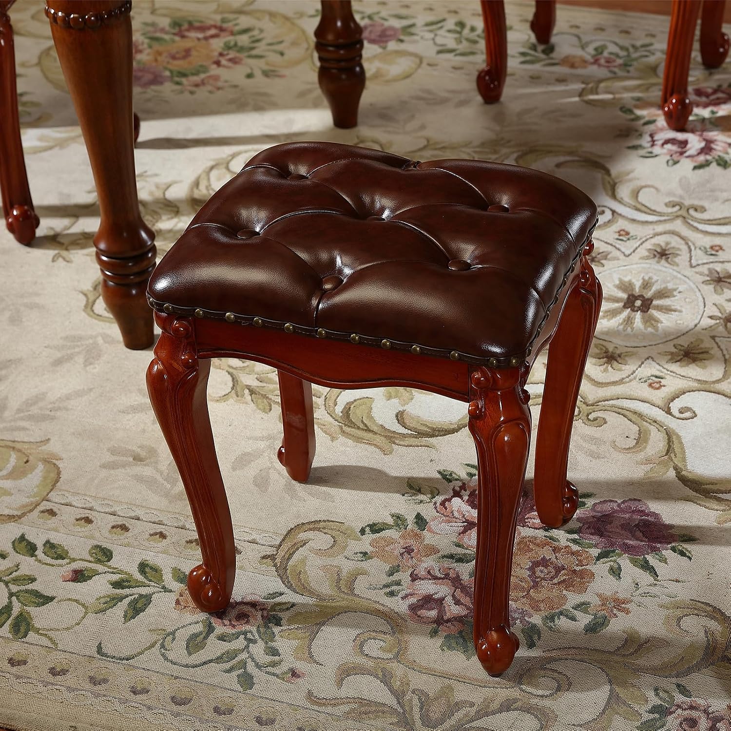 Vanity Bench with Nailhead Trim, Piano Bench, or Desk Stool with Microfiber Leather Upholstery for Bedrooms, Dining Rooms, Cloakrooms, or Piano Rooms (Retro Brown)