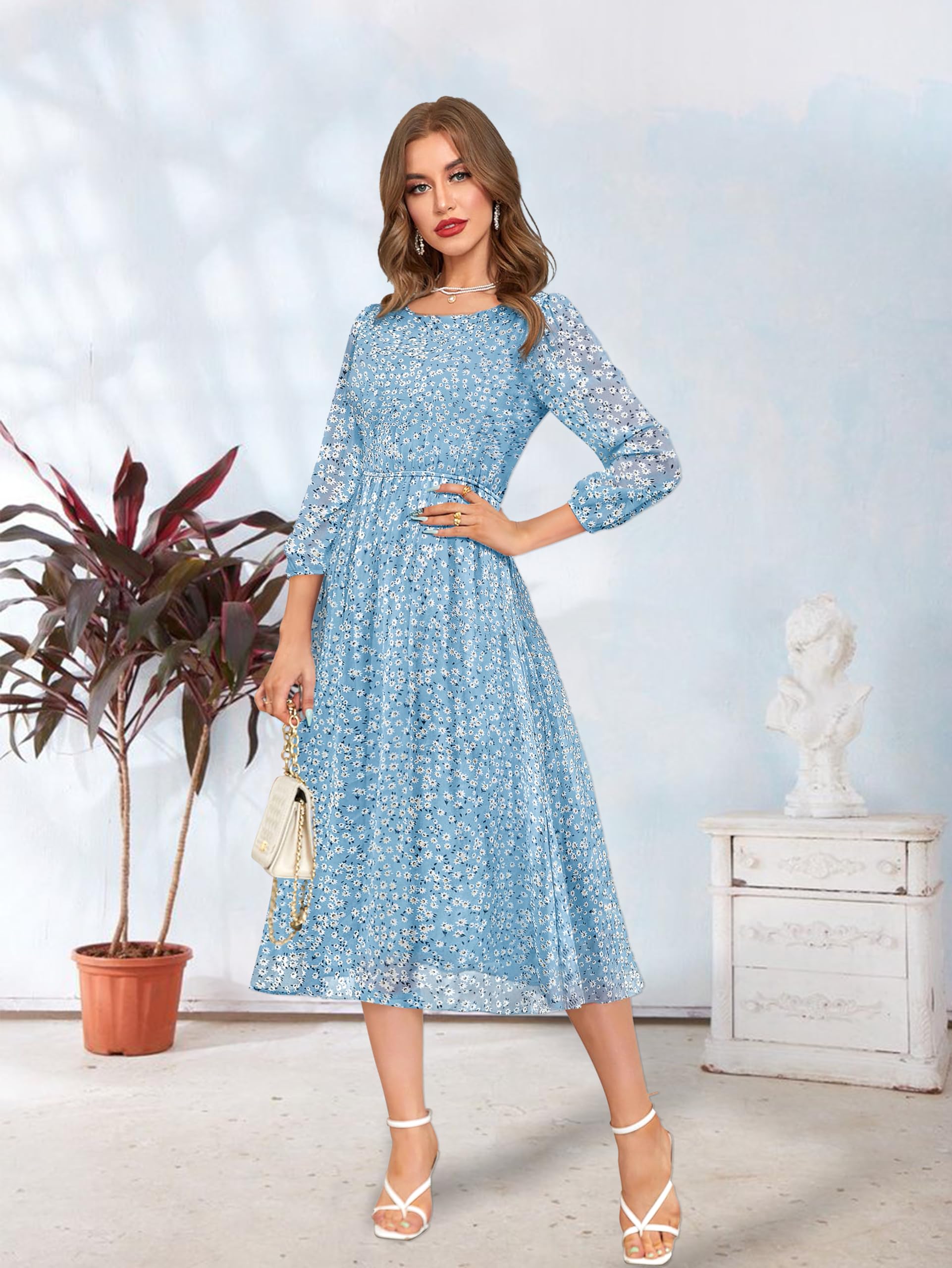 Toochki Women's Sky Blue Georgette Floral Fit & Flared Regular Fit Western Below Knee Length Kurti A Line Style Summer Wear Kurtis Trendy Colour Midi Type Kurti