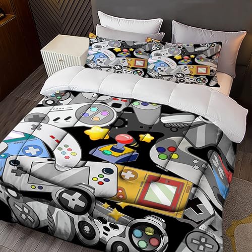 Sunnycitron Gamer Comforter Set for Boys Gaming Bedding Twin Comforter Set Gaming Bed Boys Comforter Set Gamer Room Decor (1 Comforter +2Pillowcase)