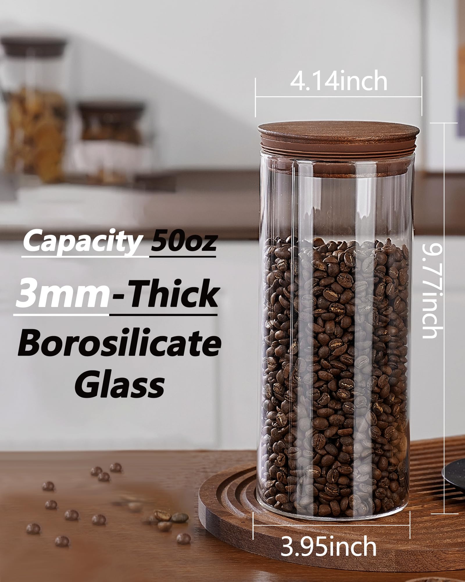 Set di 2 barattoli da caffè in vetro ermetico da 1500 ml con paletta e coperchi in legno, per caffè macinato, chicchi di caffè, contenitori con coperchio, per cucina, zucchero marrone, bar