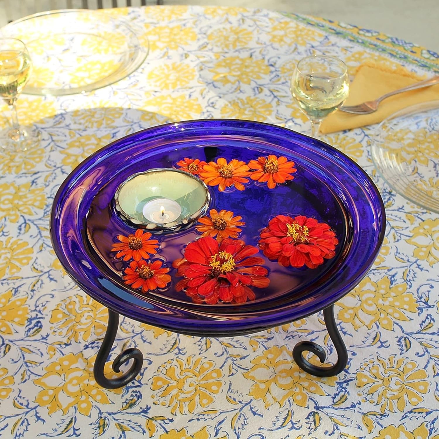 Achla Designs 12 Inch Cobalt Blue Crackle Birdbath with Short Stand