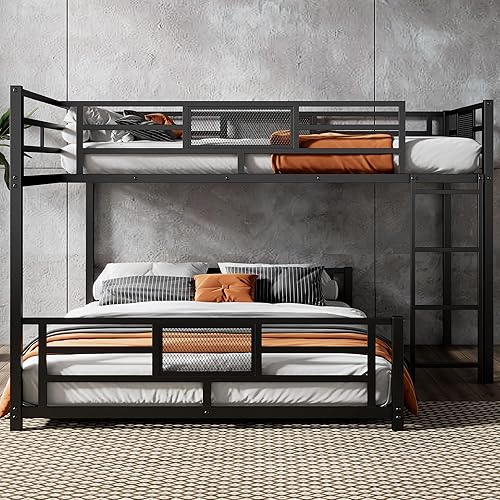 Miniatura 46 de Litera en forma de L individual sobre cama matrimonial adjunta, litera triple de metal con escritorio y tobogán integrados, marco de literas de