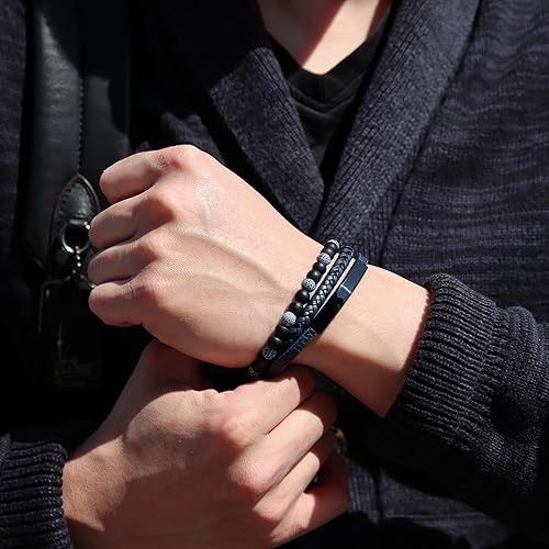 Miniatura 3 de Pulsera de cuentas y cuero para hombre Cierre magnético ajustable Pulsera hecha a mano con ojo de tigre y piedras de lava Brazalete de acero