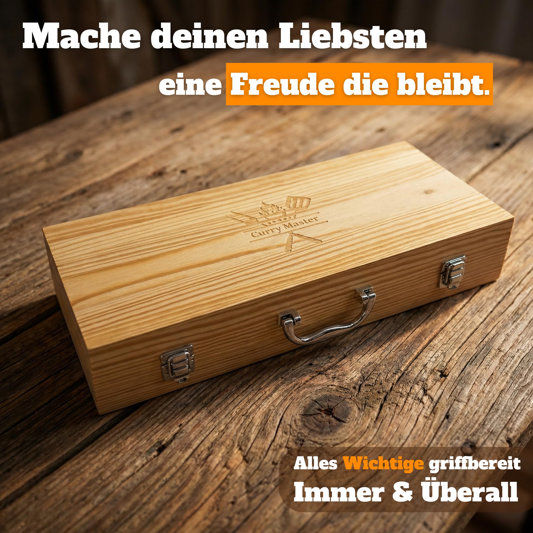 Grillkoffer Grill Set für Männer - Grillbesteck Edelstahl im Holzkoffer | 3-in-1 Wender mit Flaschenöffner & Schneidkante, Grill Zubehör, Geschenk zum Vatertag & Weihnachten