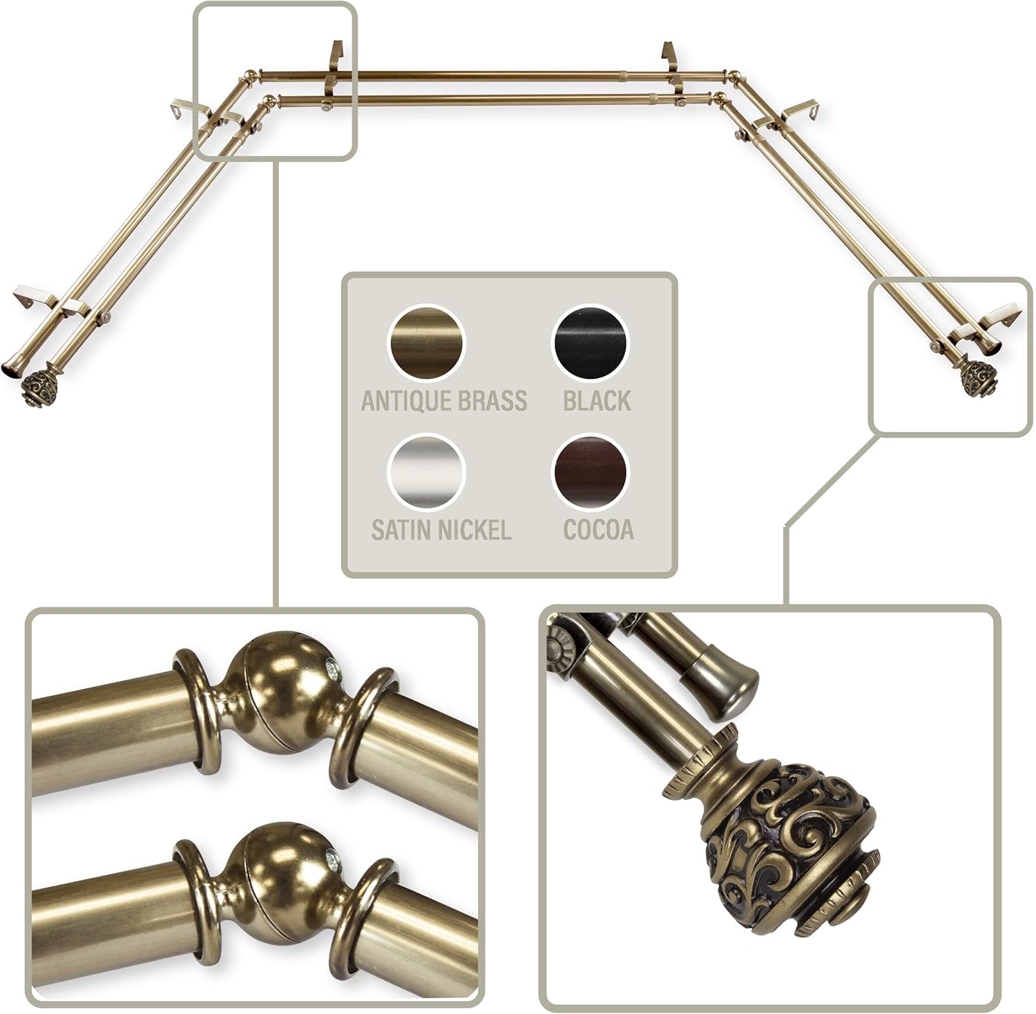 Rod Desyne 13/16" Eleanor Bay Window Double curtain rod 20"-36", 38"-72" - Antique Brass