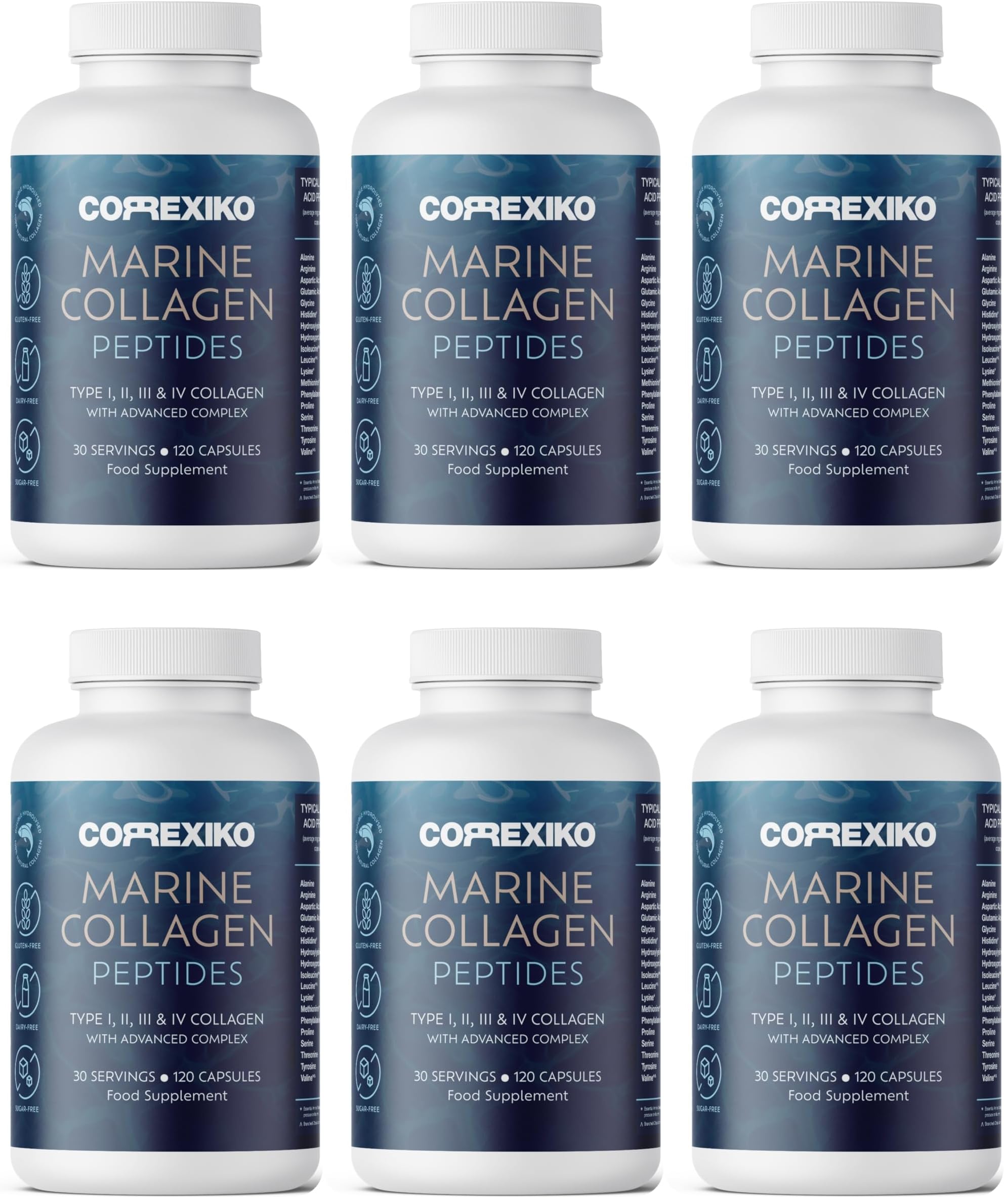 CORREXIKO Marine Collagen Supplement Tablets - 2000mg Hydrolysed Collagen Peptides per Serving with Added Hyaluronic Acid, Vitamin C & Minerals - for Hair, Skin & Nails - 720 Capsules 6 Month Supply