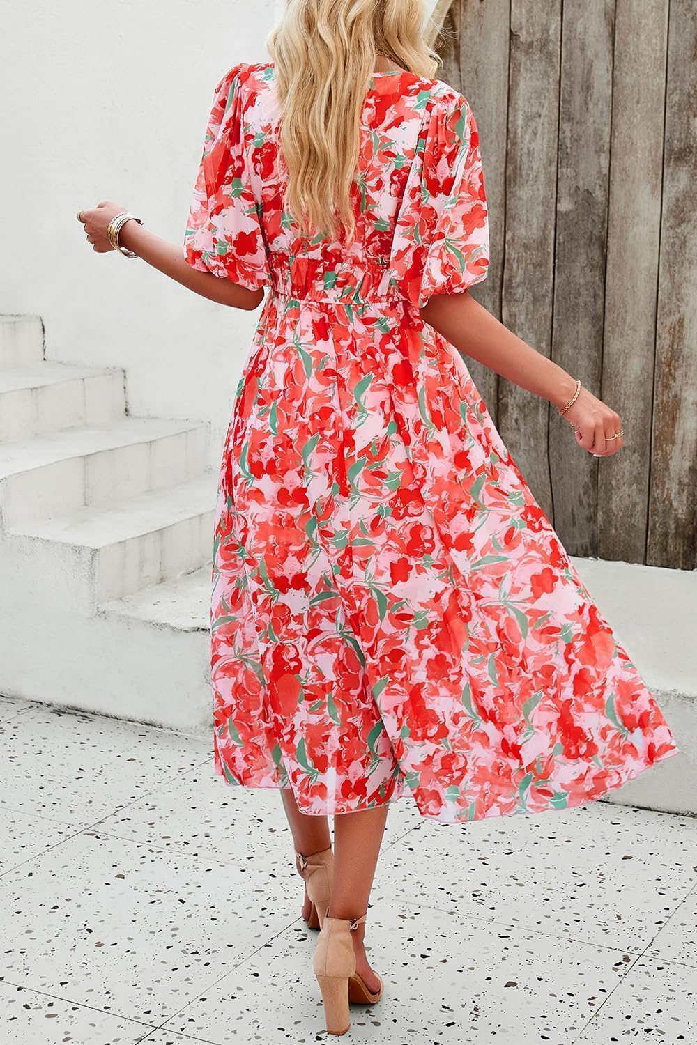 Womens Floral Flowy Wrap V Neck Midi Dress Short Sleeve Elastic Waist Casual Spring Summer Dresses for Women 2025 - Image 5