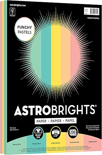 Astrobrights Surtido de papel pastel Punchy, 8.5 x 11 pulgadas, 24 libras, surtido de 5 colores, 200 hojas (91741)