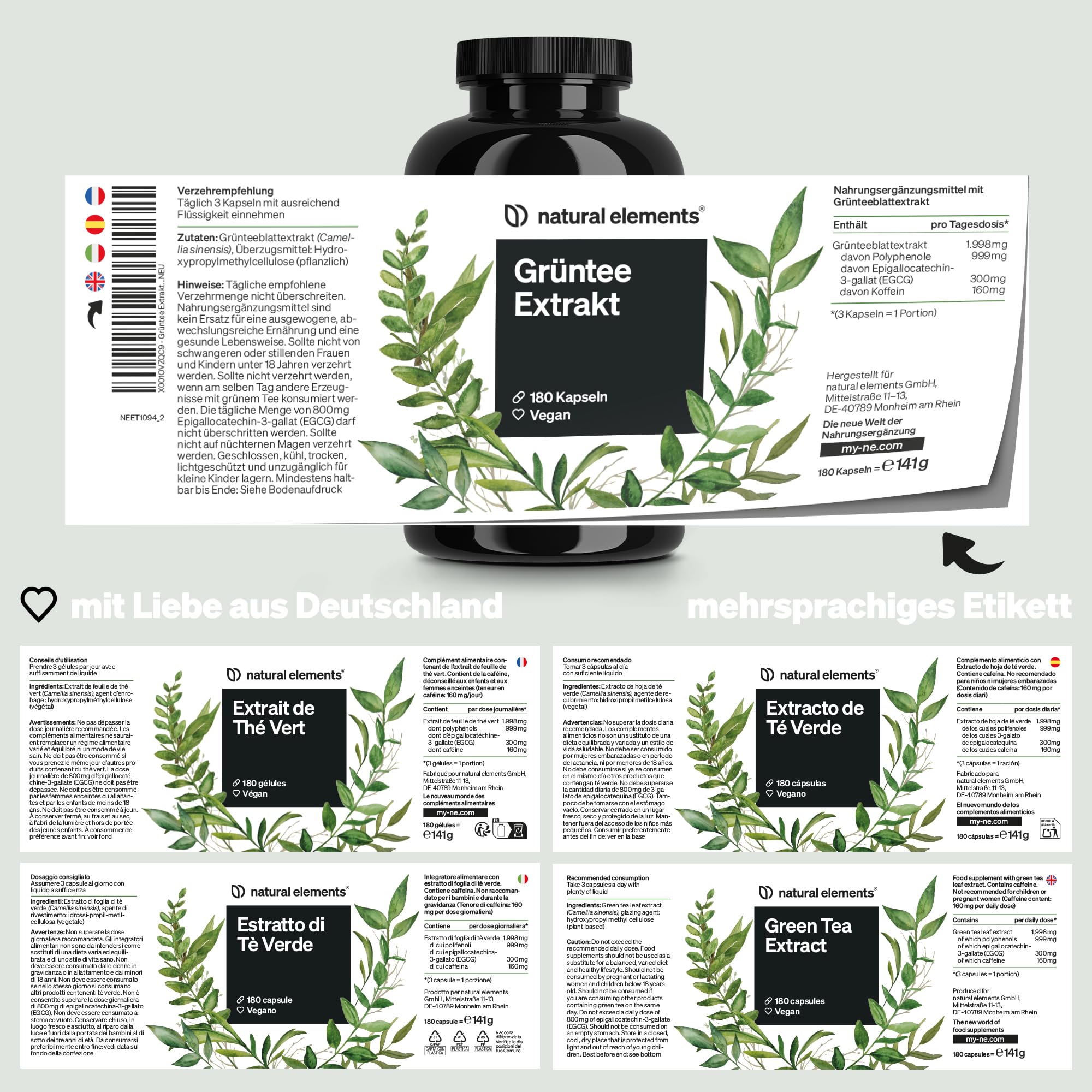 natural elements Grüntee Extrakt – 180 Kapseln – 1998 mg Grüntee Extrakt pro Tagesdosis – mit EGCG und Polyphenolen – vegan, hochdosiert, ohne unnötige Zusätze – laborgeprüfte Qualität