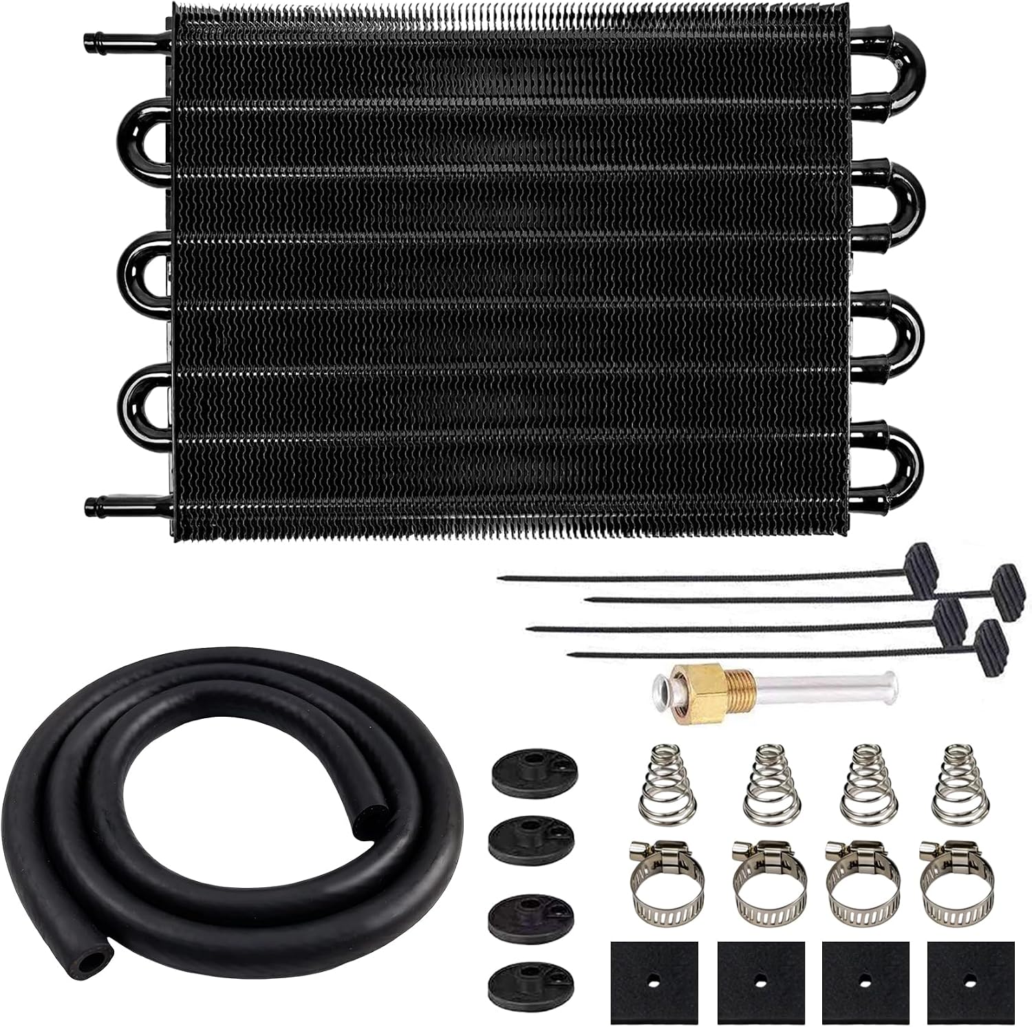 5/16“ transmission oil cooler, universal upgraded aluminum 8-channel tube and fin, oil cooler kit, including hose installation kit, compatible with Chevrolet, Dodge, Ford, and Ram trucks (BLACK)