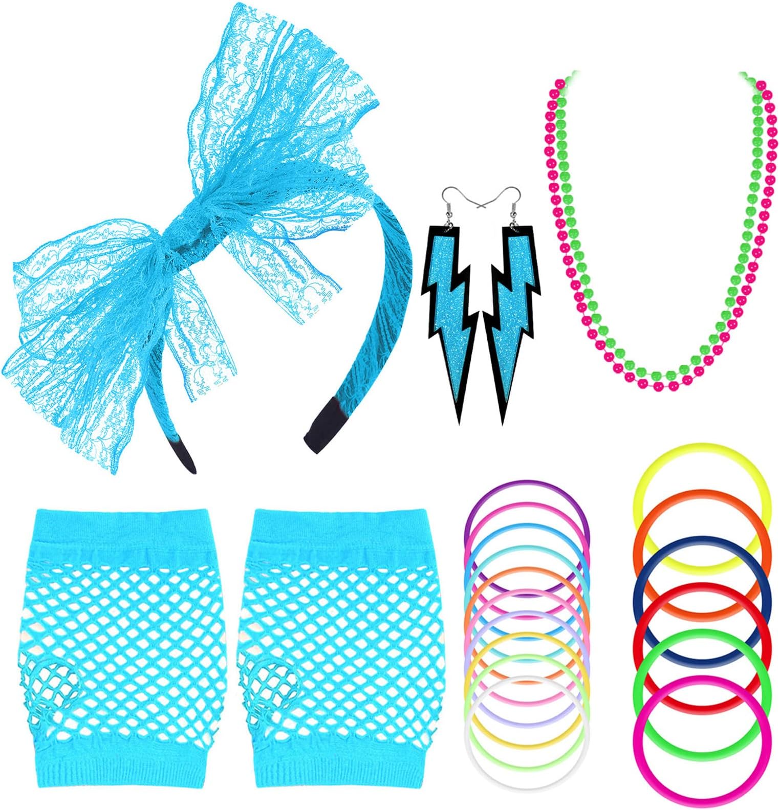 ONUPGO 80s Costumes Accessories for Women, 80s Accessories Fancy Dress Neon Headband Earrings Fishnet Gloves Necklace