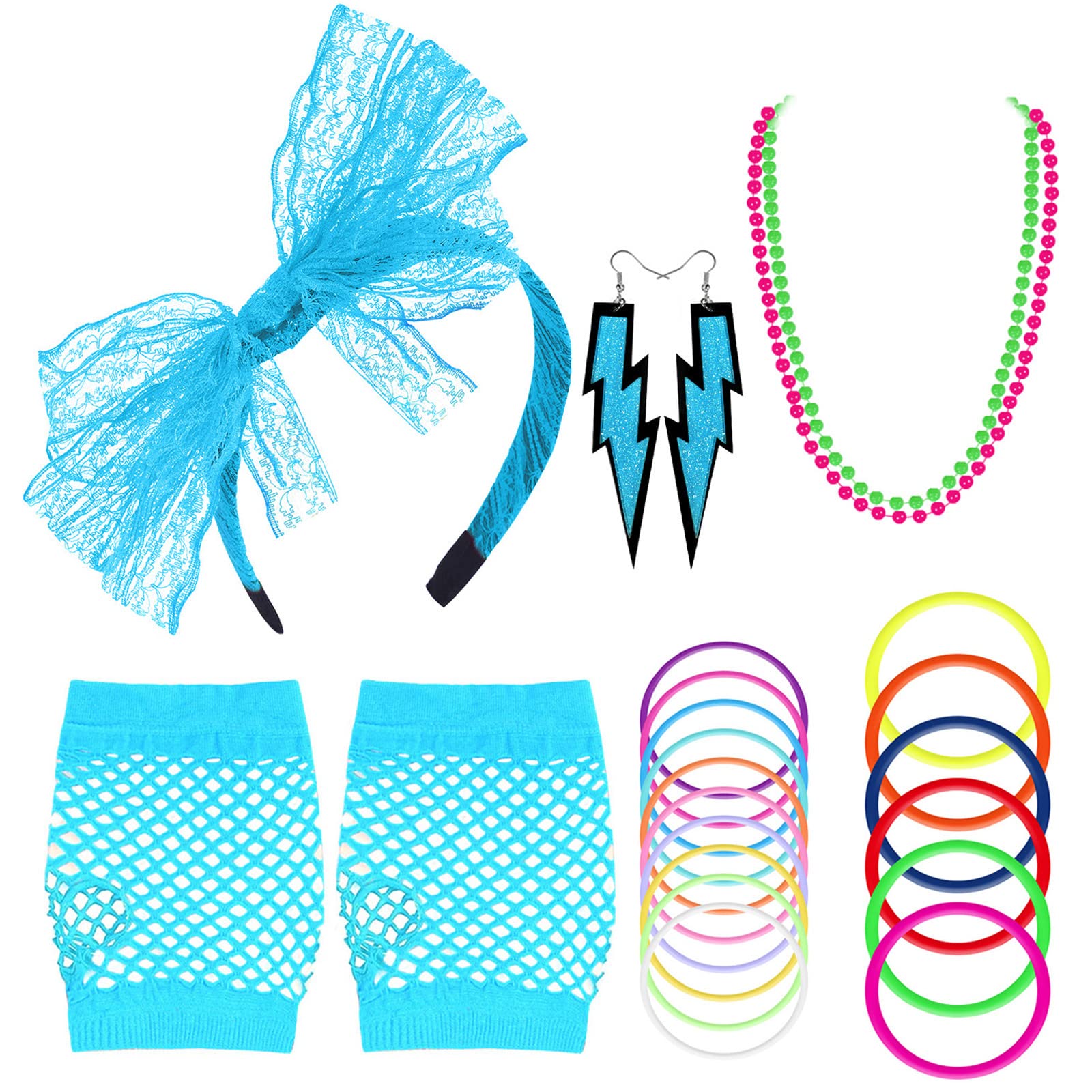 ONUPGO 80s Costumes Accessories for Women, 80s Accessories Fancy Dress Neon Headband Earrings Fishnet Gloves Necklace