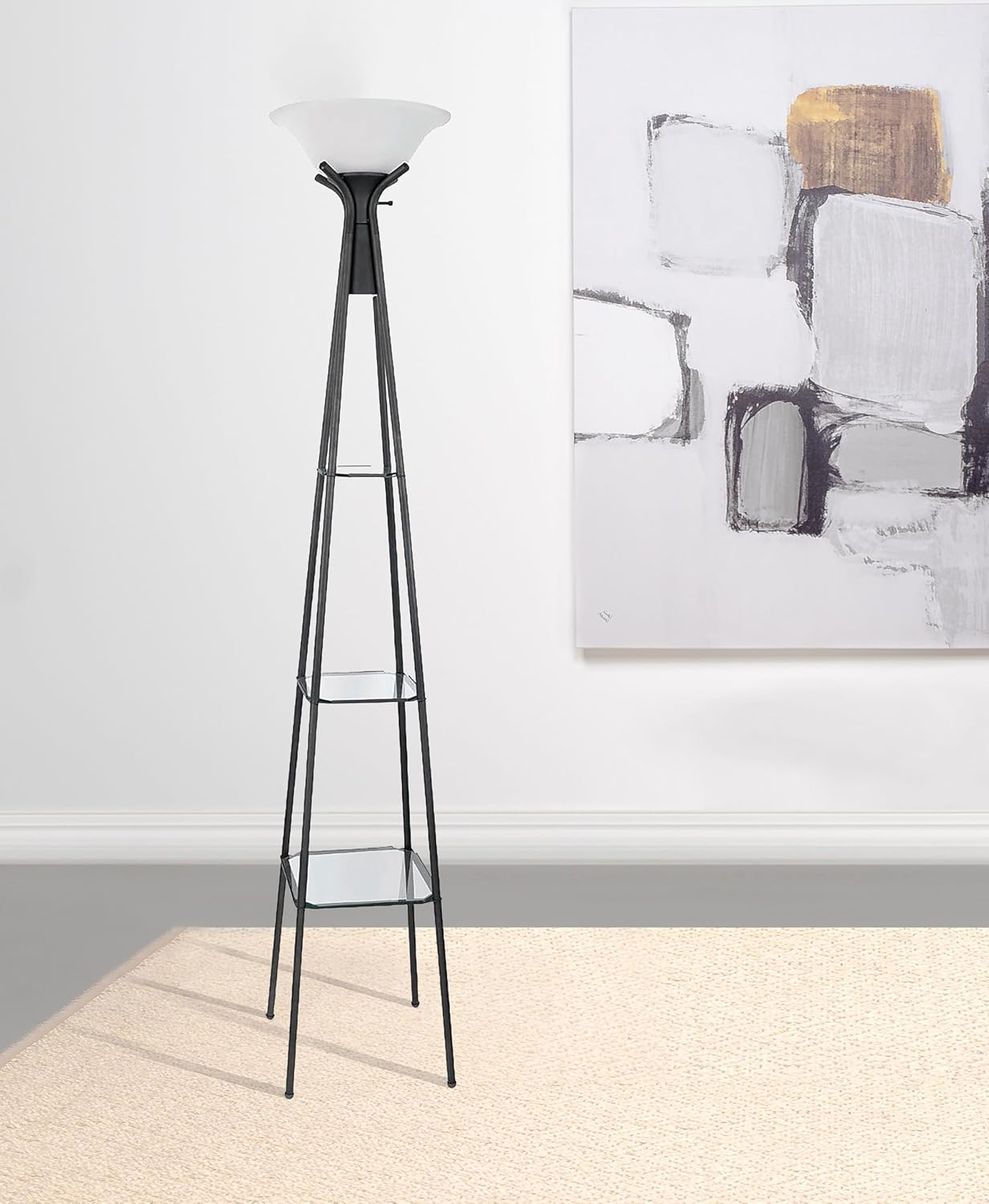 Coaster Home Furnishings - Gianni - 3-Shelf Metal Floor Lamp with Frosted Glass Shade, Clear Glass Shelves and Tapered Tower Shape - Living Room - 70-Inch - Black - 901420
