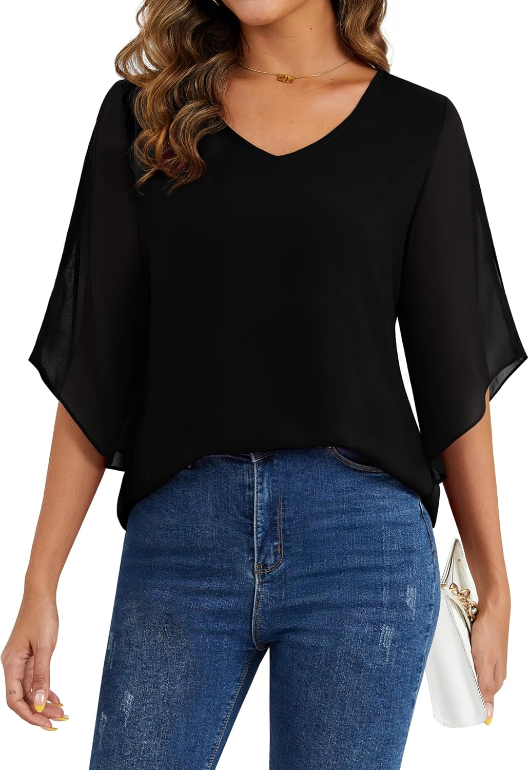 Neineiwu Womens 3/4 Ruffle Sleeve Tunic Tops V Neck Dressy Casual Chiffon Blouses for Women Summer Trendy Work Shirts - Image 2