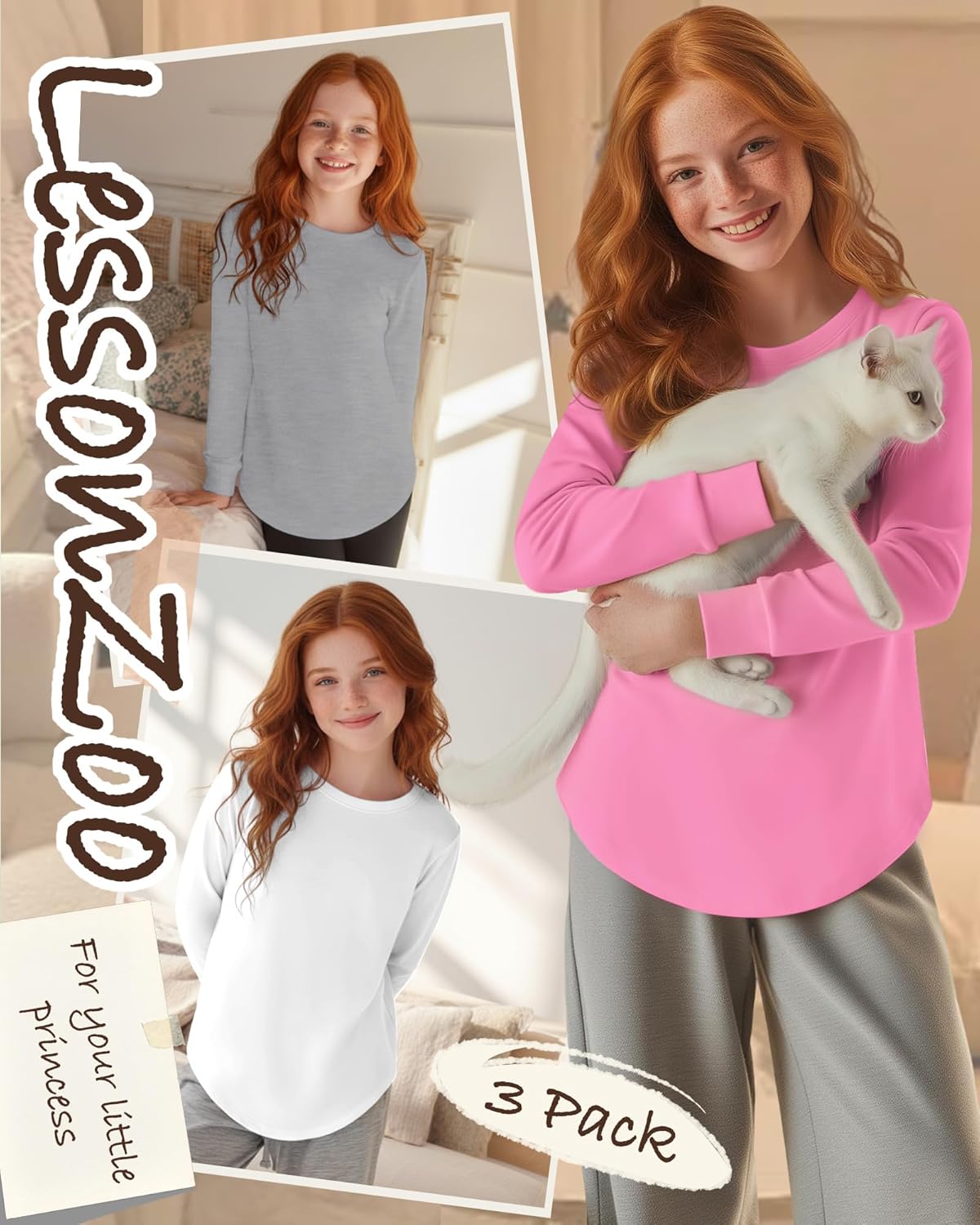 3 Pack Girls Long Sleeve T Shirts, Kids Casual Crew Neck Shirts Soft Curve Hem Tees Loose Fit Basic Tunic Tops - Image 4