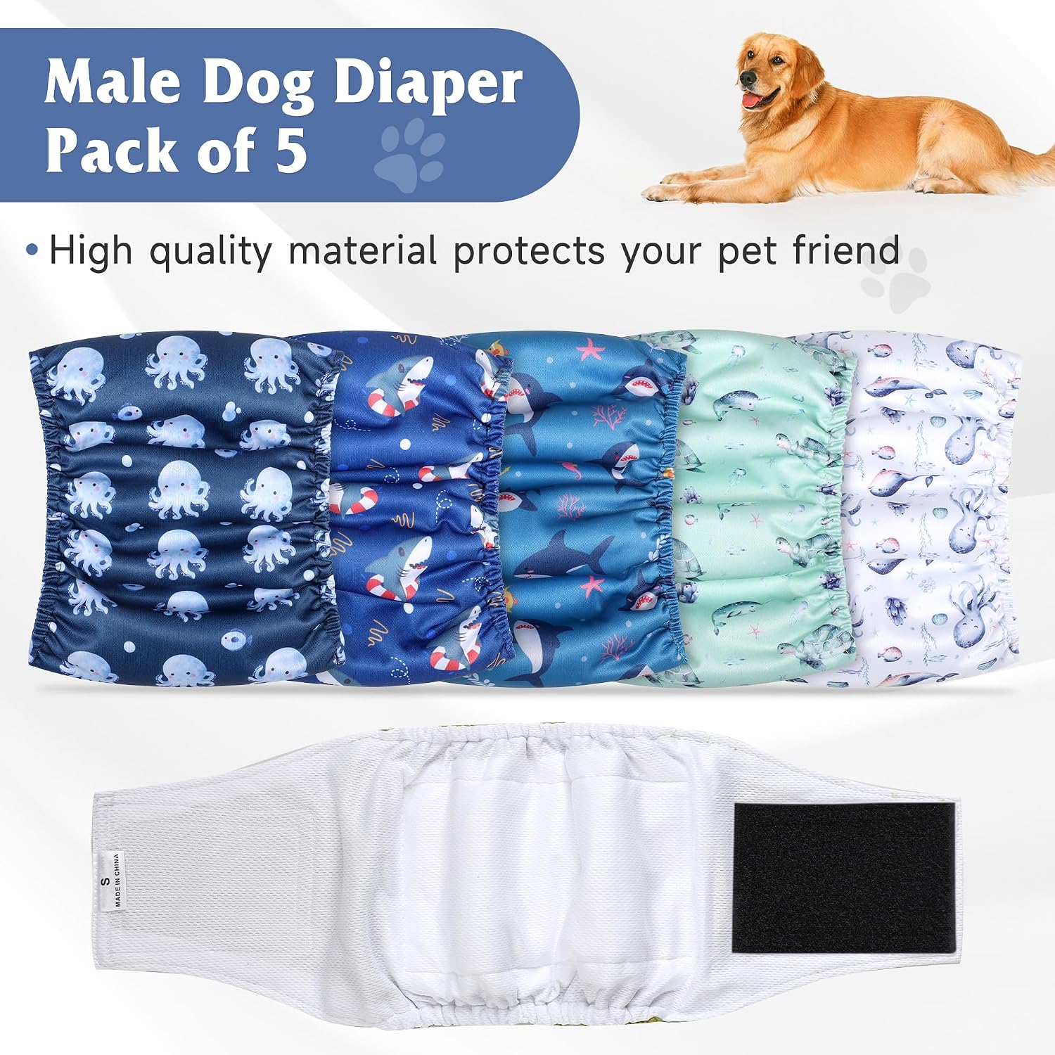 5 Pack Dog Diapers Male, High Absorbing Dog Wraps, Belly Bands for Male Dogs with Incontinence or Frequent Urination, Washable Doggie Diapers Fish L