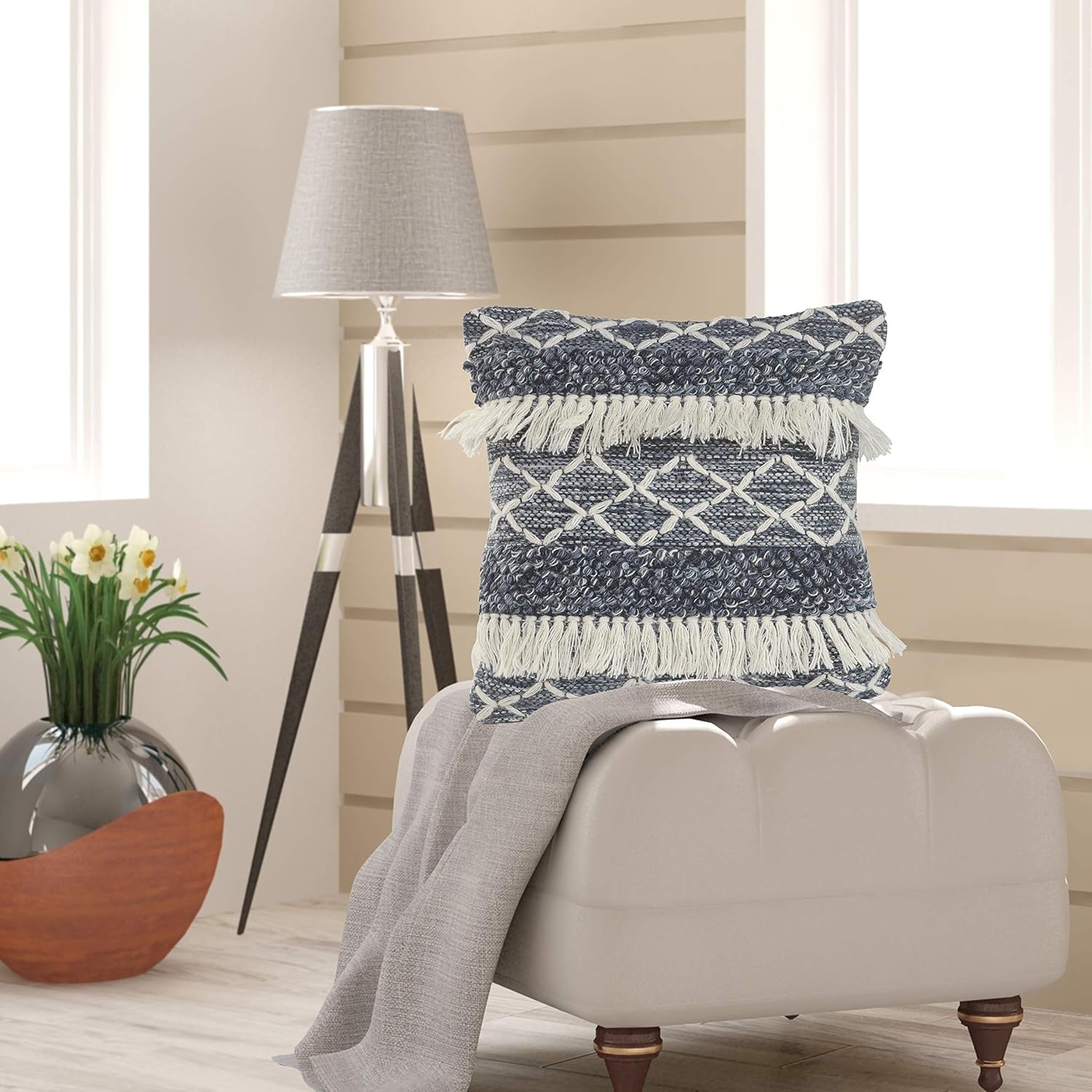 LR Home Polyfilled Cover Insert Throw Pillow, 20" x 20", Navy/Ivory