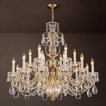 Vintage Maria Theresa Crystal Chandelier for Foyer, 18-Light Brass Large Candelabra Pendant Light Fixture, 37 inches