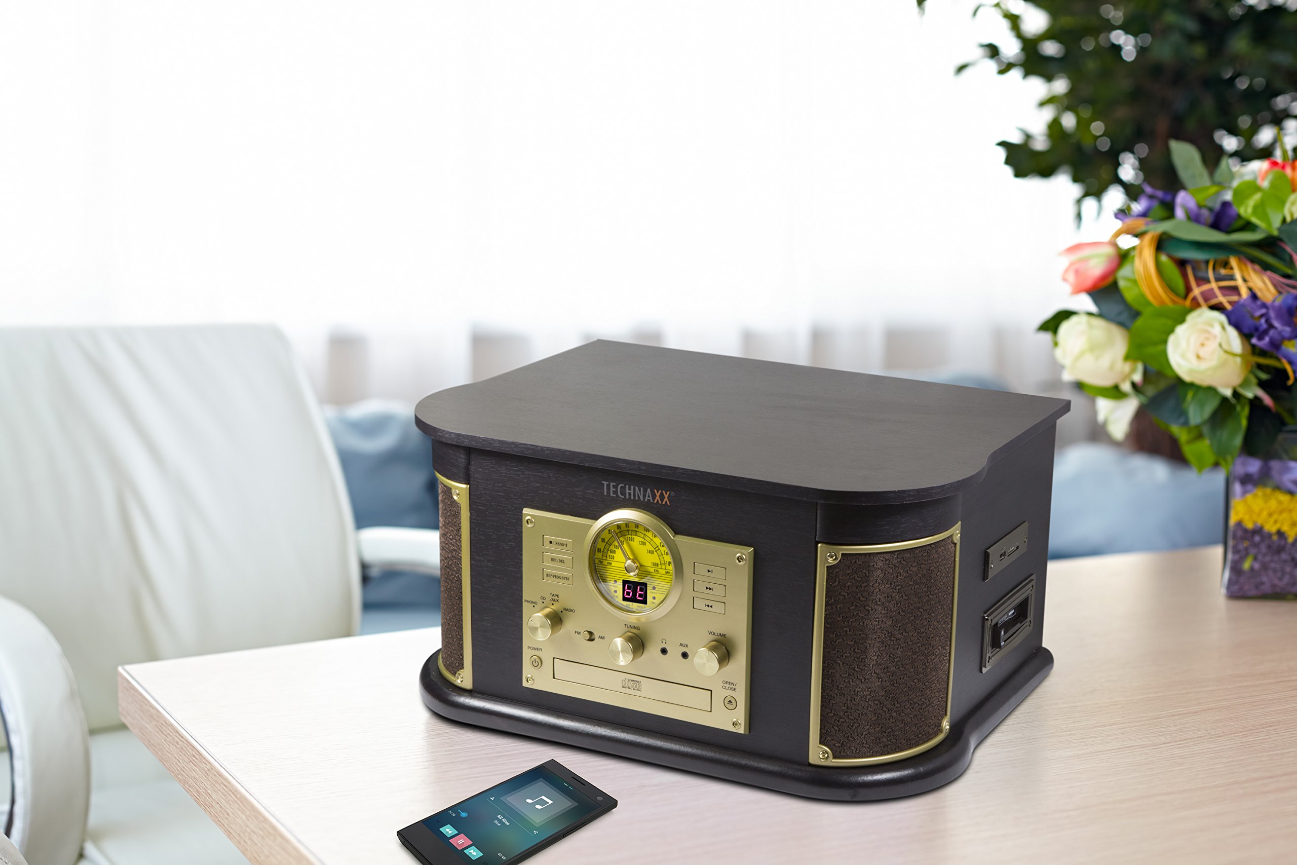 Technaxx Giradischi Bluetooth V2.0 Digitalizzazione Dischi Cassette CD Funzione Radio AUX RCA Altoparlanti Stereo TX-103