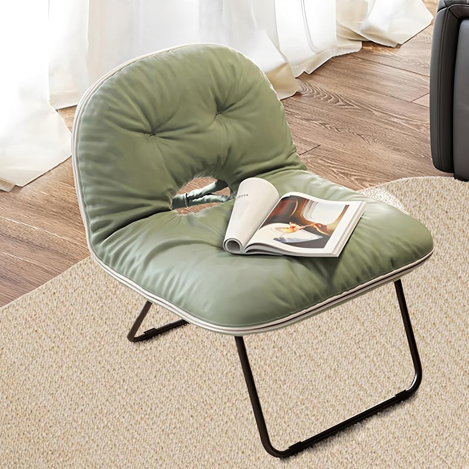 Cozy Reading Chair - Folding Faux Leather Modern Accent Chair - Goose Feather/Sponge Filling Comfortable Folding Chair Portable with Handle Camp Chair - Floor Gaming Chair,Green