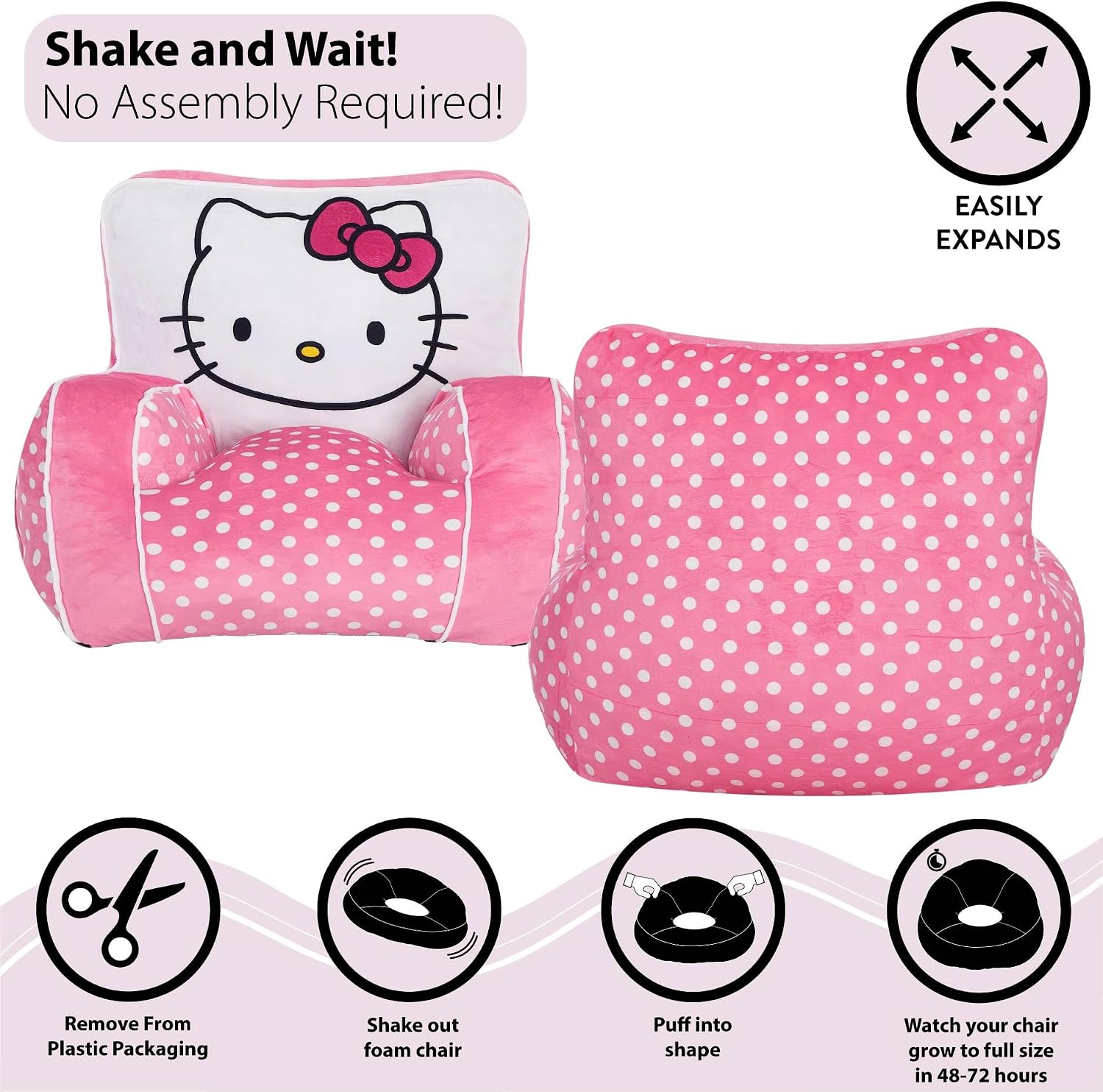 Idea Nuova Sanrio Hello Kitty Kids Foam Filled Bean Bag Chair, Soft Plush Character Lounge Seat for Bedroom or Playroom