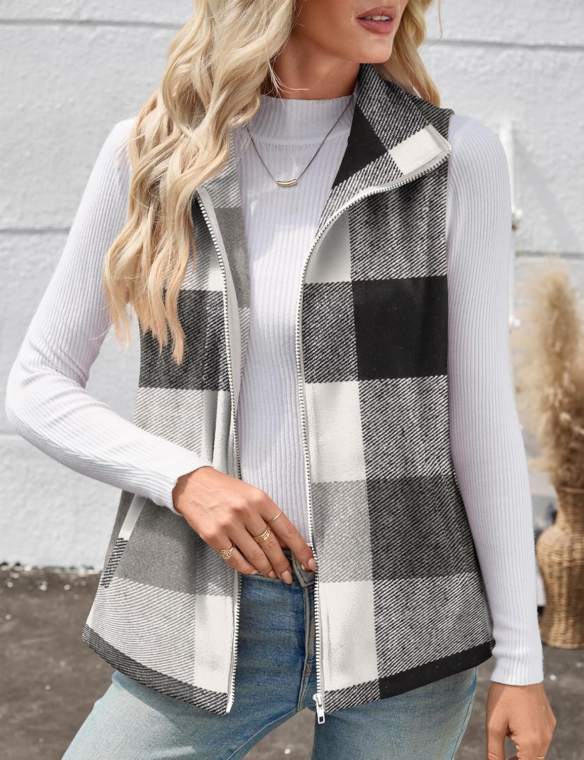 Rapbin Women's Plaid Outerwear Vests Tops Zip Up Collared Sleeveless Jacket with Pockects - Image 3