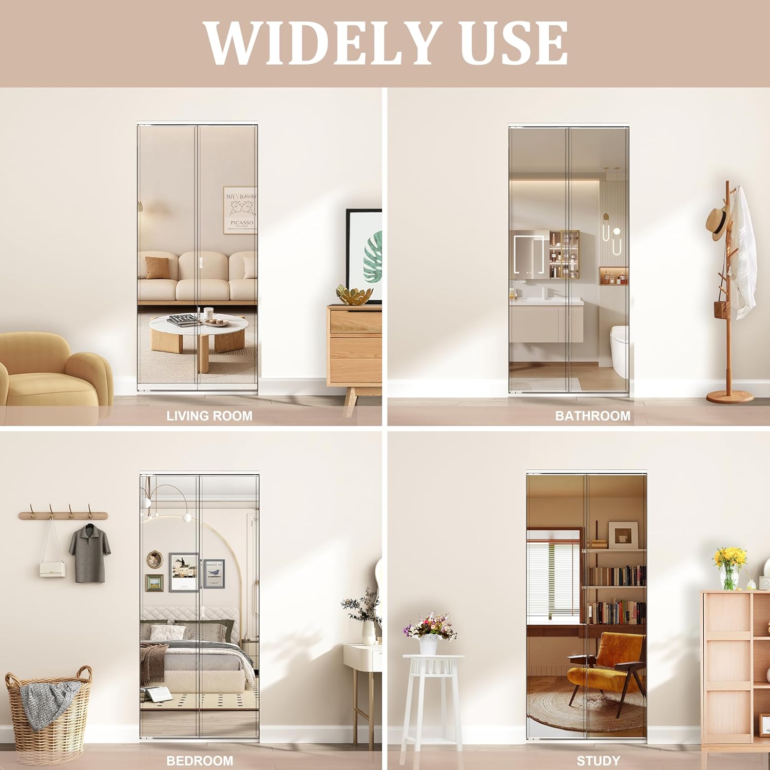 JUBEST Bi Fold Mirror Closet Door with White Steel Frame, Bifolding Mirrored Doors for 36in. x 81in. Door Opening, Hardwares Include, Easy to Install
