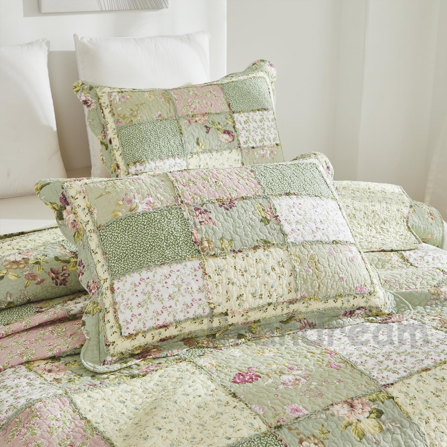 Brandream King Size Quilt Set Cotton Patchwork Quilts Green Rose Floral Quilted Comforter Set Country Rustic Coverlet Set 3-Piece - Image 7