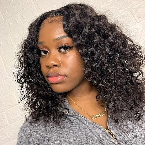 ManeMajesty Pelucas de cabello humano corto y rizado, sin pegamento, encaje frontal prearrancado, línea de cabello humano con parte en T, encaje HD,