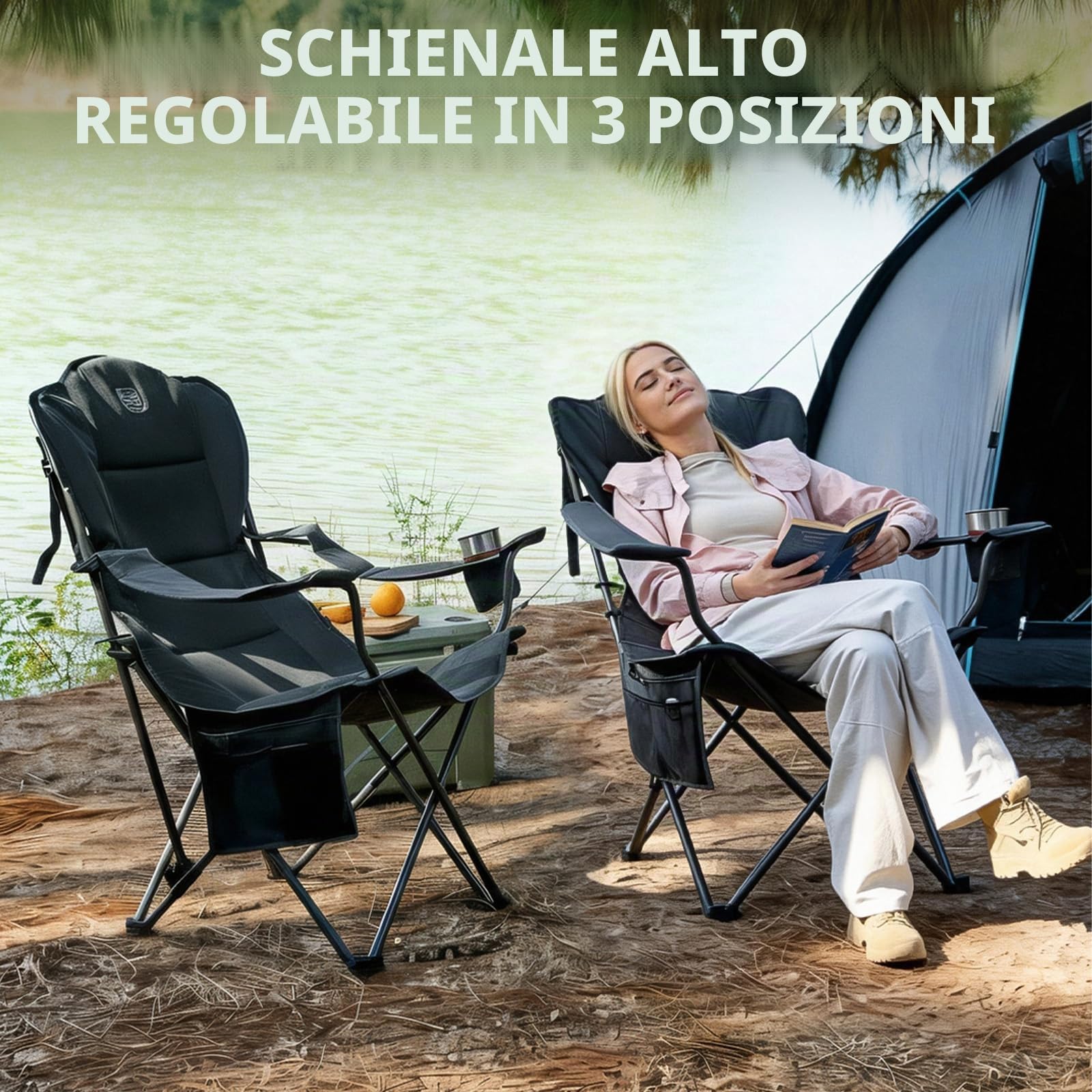 TIMBER RIDGE Sedia da campeggio pieghevole 180 kg schienale regolabile 3 posizioni sedia imbottita da pesca larghezza seduta extra 62 cm con tasca laterale e portabicchieri