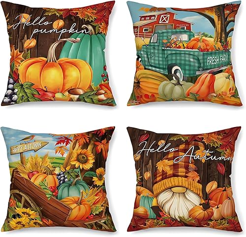 AEL Juego de 4 fundas de almohada de otoño de 18 x 18 pulgadas para decoración de otoño, Acción de Gracias, calabaza, rústico, de lino, para