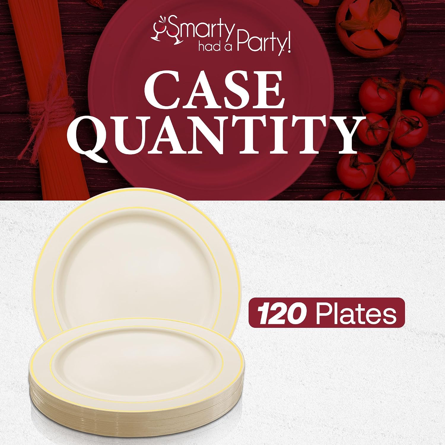 Smarty Had A Party 120 Disposable Dessert Plates 7.5" Heavy Duty Ivory with Gold Rim Salad and Appetizer Plates for Weddings, Parties, and All Occasions