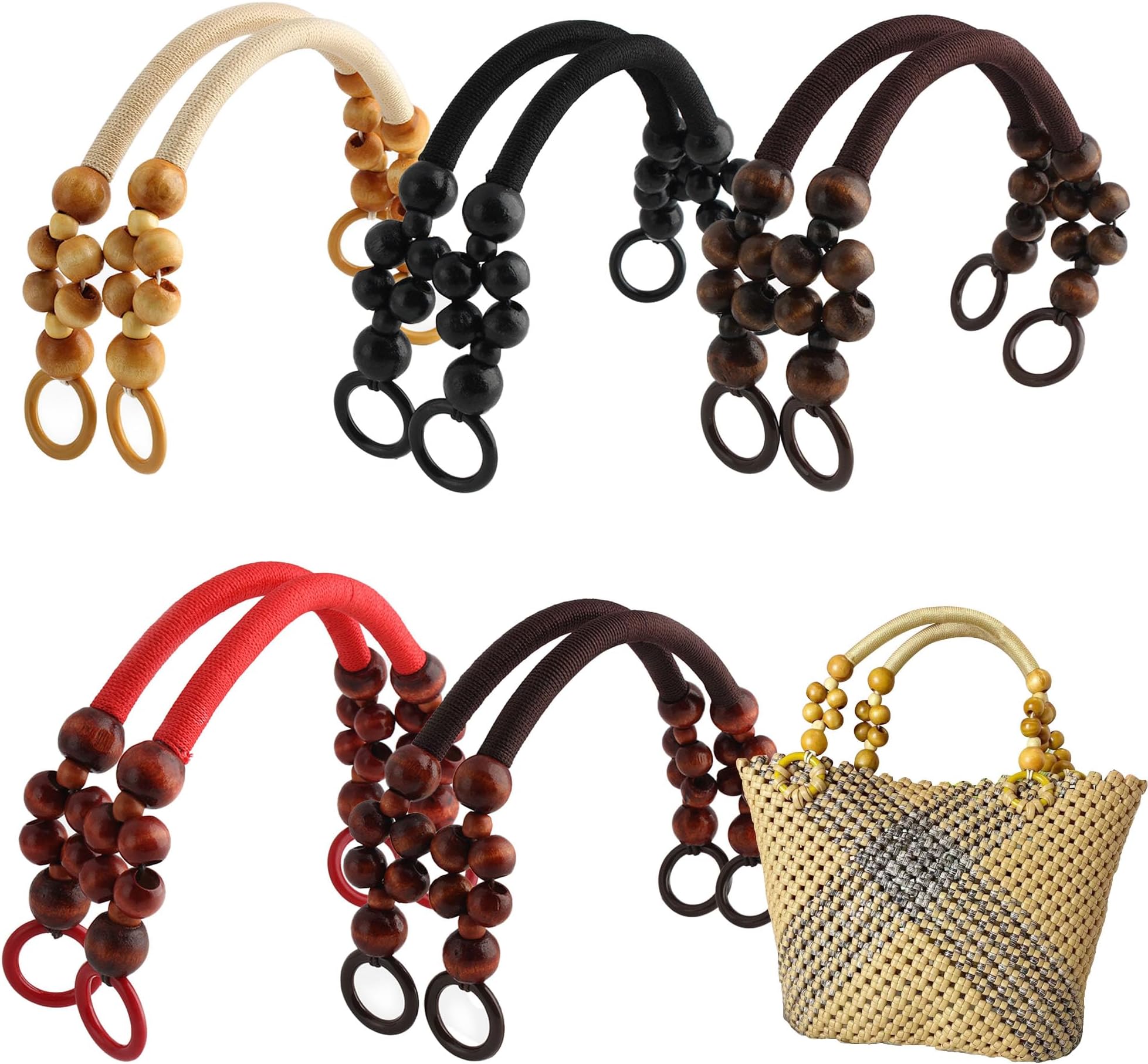 Wooden Beaded Bag Handles, 10 Pcs 5 Colors Nylon Rope Straps for DIY Crochet Bag Making, U-Shape, 18.5 Inch