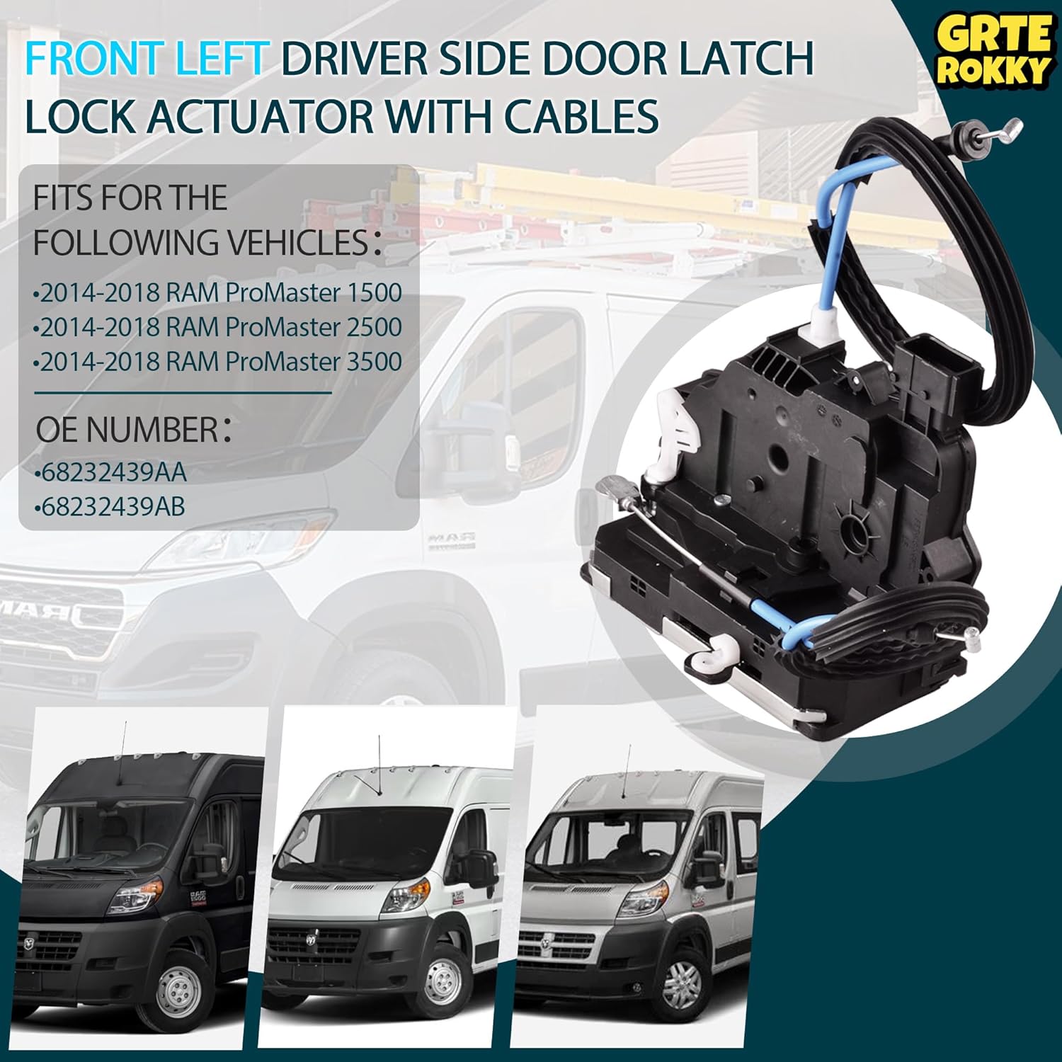 Front Left Driver Side Door Latch Lock Actuator with Cables 68232439AA 68232439AB Compatible for RAM ProMaster Cargo Van 1500 2500 3500 2014 2015 2016 2017 2018 Door Parts