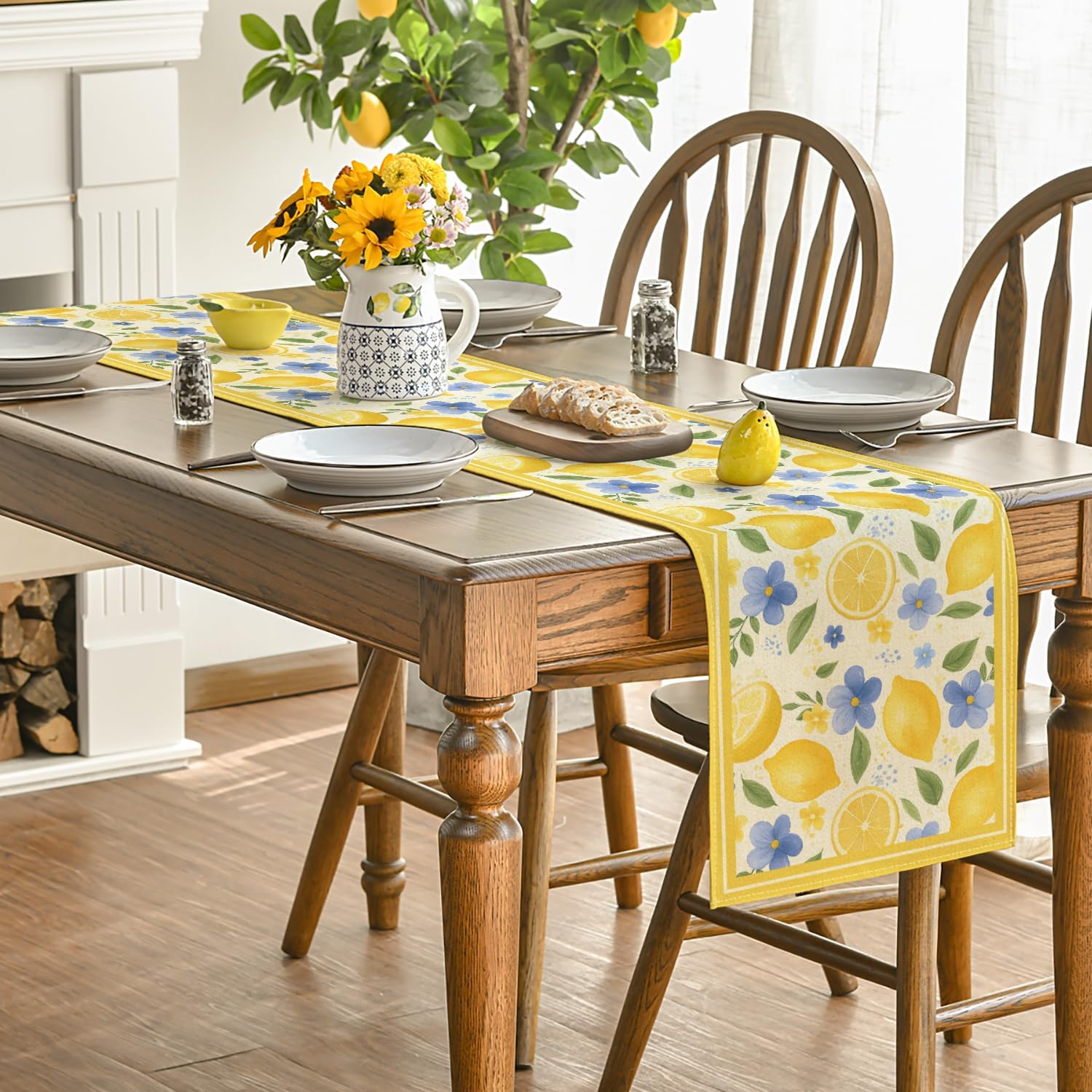 Artoid Mode Lemon Flowers 210 GSM Summer Table Runner, Seasonal Spring Kitchen Dining Table Decoration for Home Party Decor 13x72 Inch