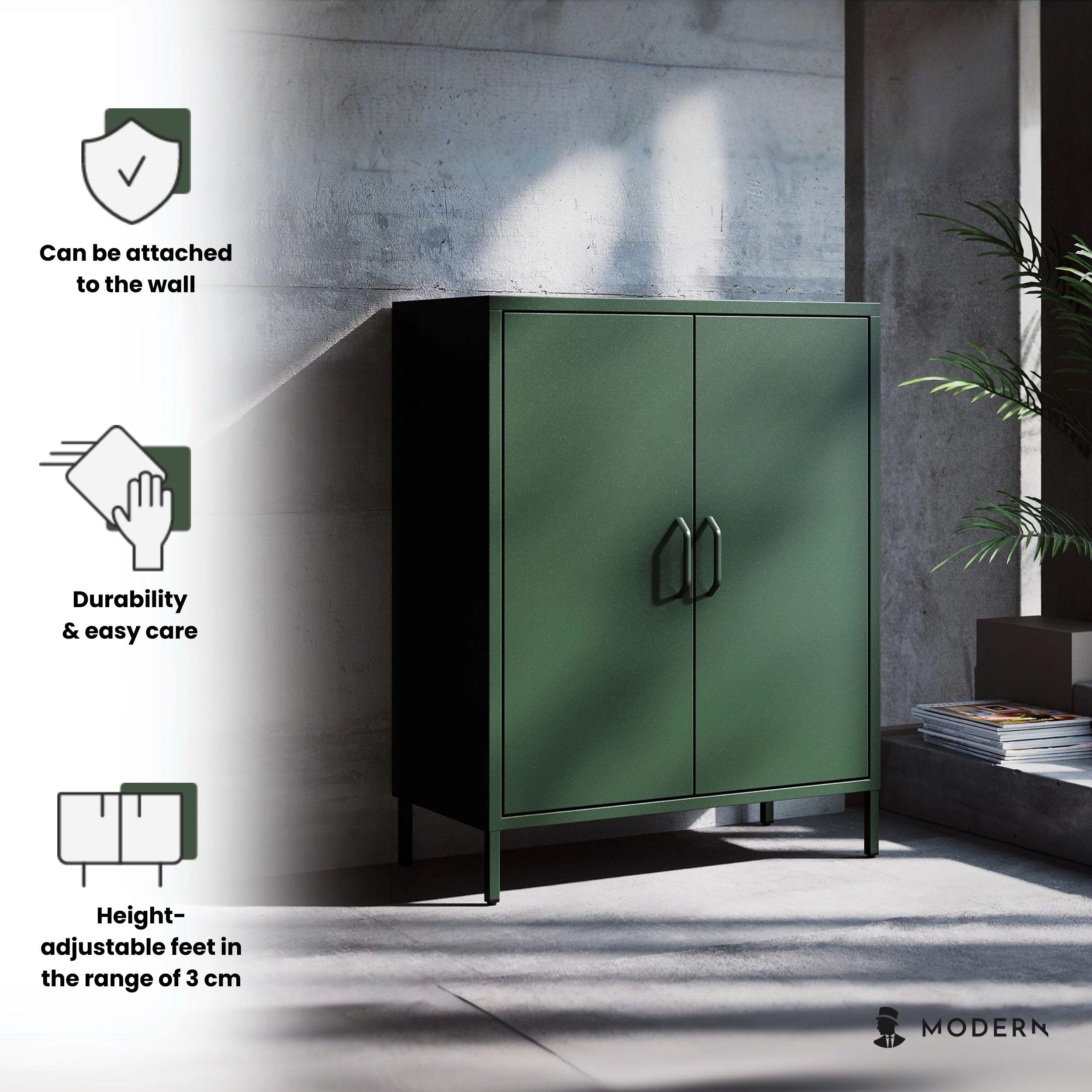 Jan Nowak Sideboard aus Metall, Kommode Glitzernd mit Doppeltür - VITO | Magnetverschluss, Verstellbare Einlegeböden | Highboard Wohnzimmer, Flur, Industriedesign | 80 x 101,5 x 40 cm | Flaschengrün