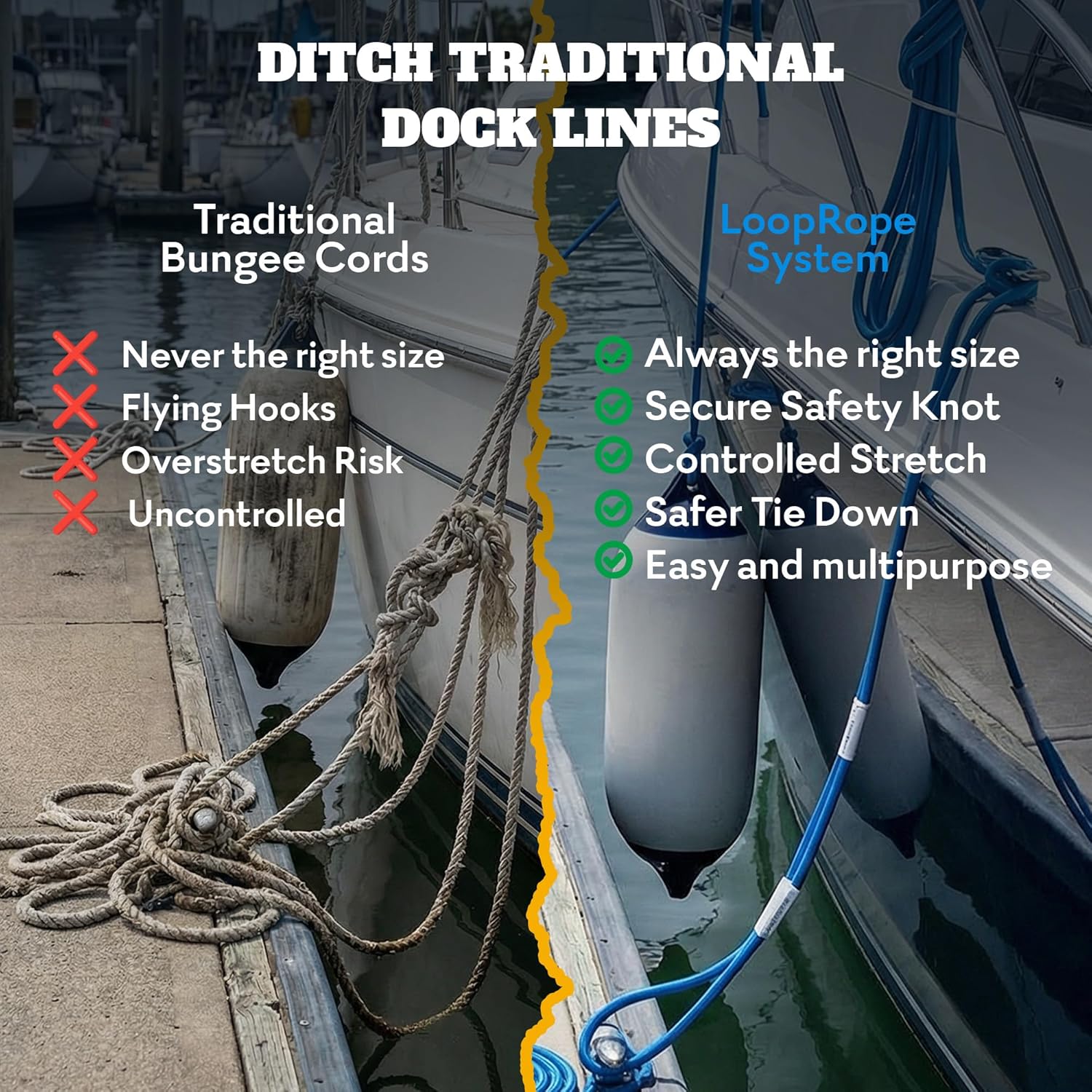 LoopRope Heavy Duty Buoy Rope with Hooks – Adjustable Boat Fender Line & Dock Tie Down System, Patented Multi-Loop Docking Rope for Boats, Kayaks & PWC, Knot Free Marine Accessory, Loop Clip & Go