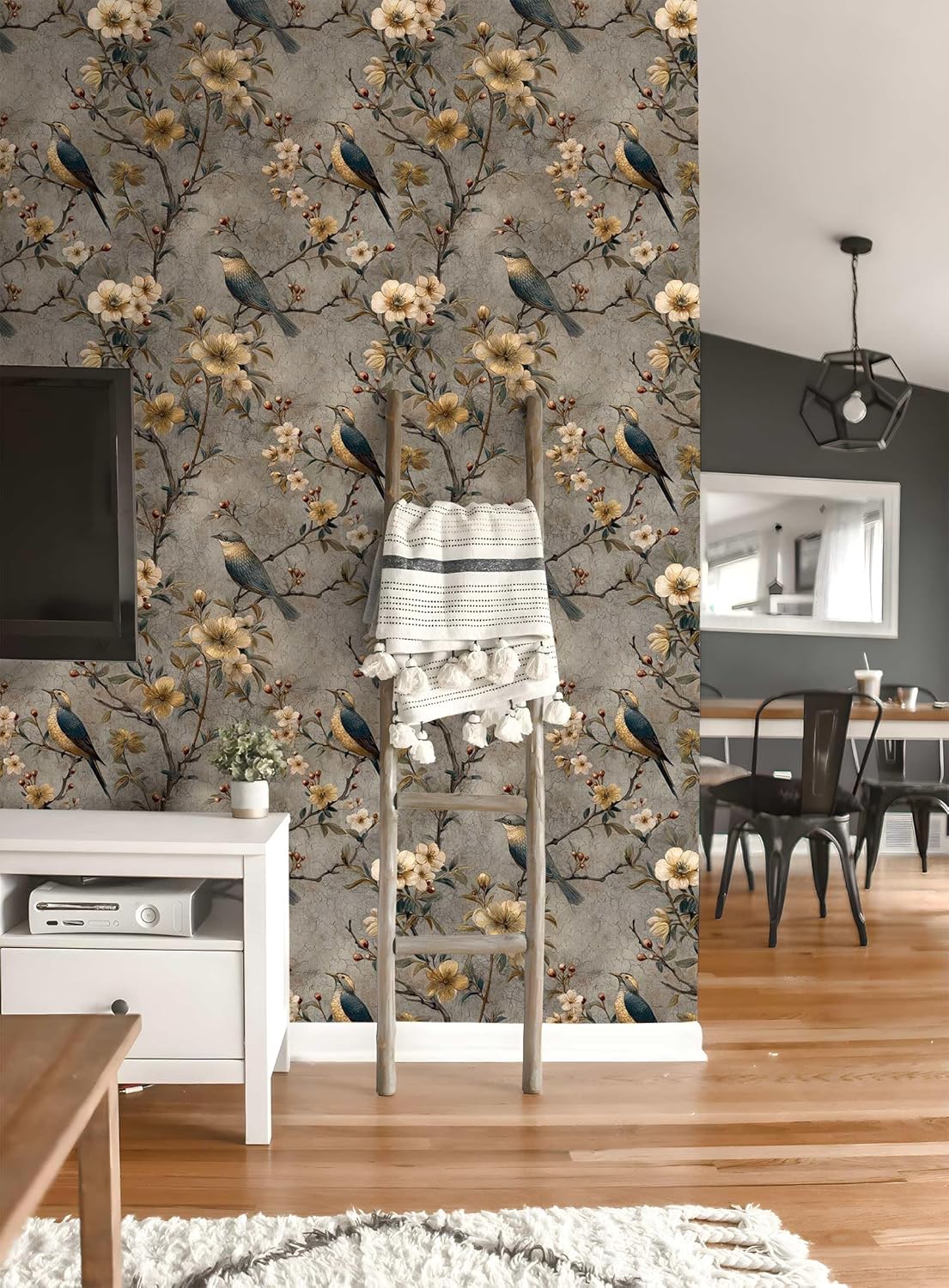 Vintage Bird Floral Peel and Stick Wallpaper, (Gray and Gold) Distressed Shabby Chic Pattern Wallpaper for Home Decor | 17.7" x 118", Self-Adhesive, Waterproof Vinyl