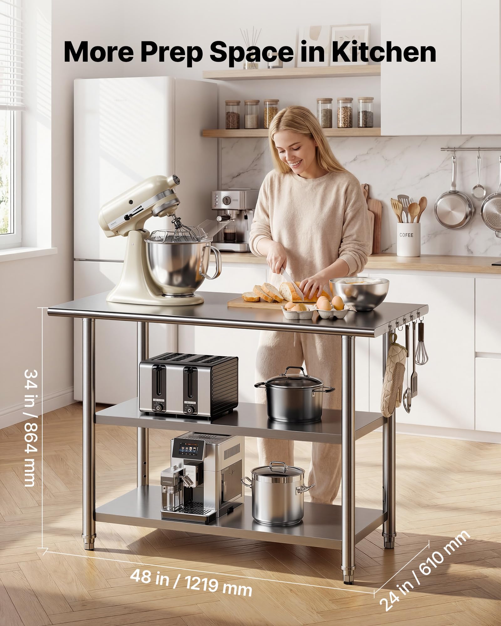 VEVOR Mesa de Preparación de 3 Niveles 121,9 x 61 x 86,4 cm, Mesa de Trabajo de Acero Inoxidable, con Estante Ajustable, Bordes Redondeados, para Restaurantes, Hoteles, Cocinas, Garajes, Exteriores