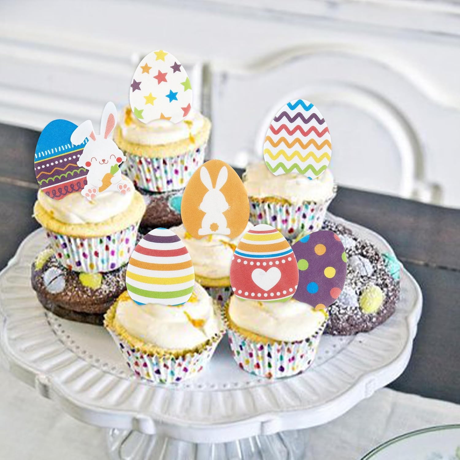 56 Pcs Easter Edible Cupcake Toppers with Bunny Egg Decorations for Birthday, Rabbit Theme Party and Baby Shower Party (Easter Egg)