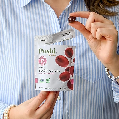 Vista 35 de Poshi Olives + Veggies Variedad de aceitunas enteras sin hueso de 4 sabores Poshi 4 sabores Vegano, Kosher, sin gluten + Snacks saludables