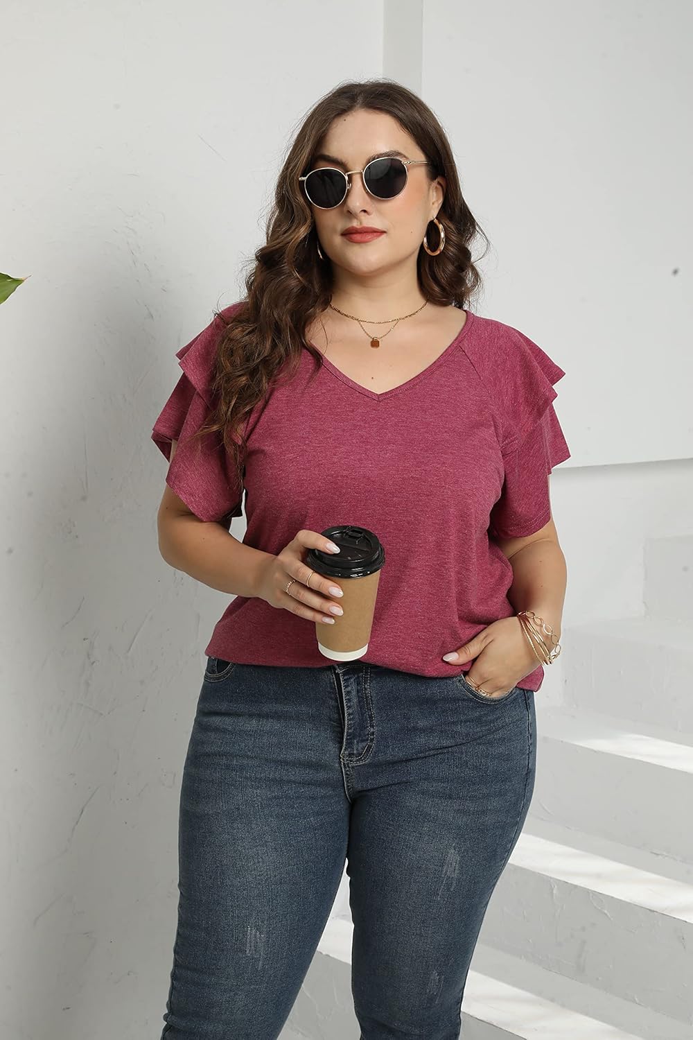 Women's Plus Size Tops Ruffle Short Sleeve V Neck Solid T Shirts Casual LooseTunic Blouses 1X-5X - Image 8