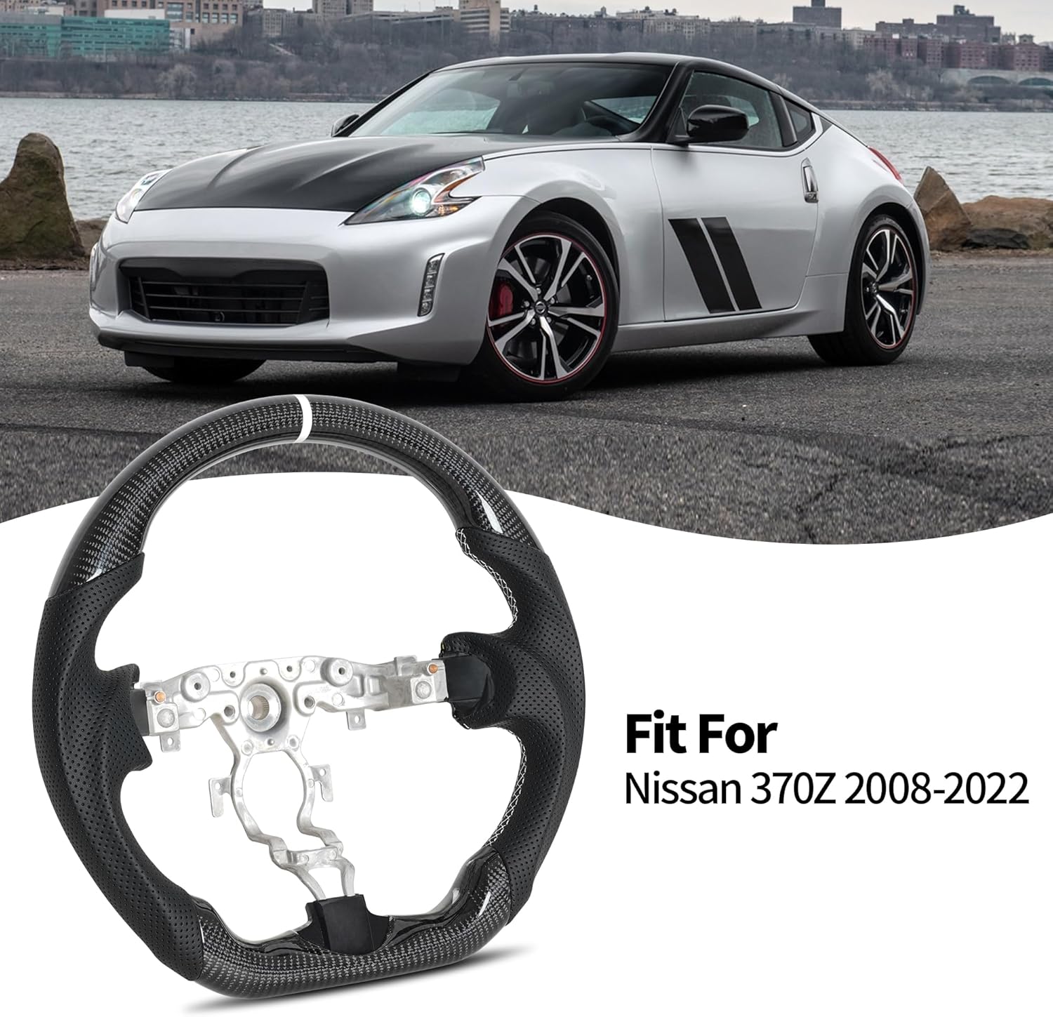 Real Carbon Fiber Steering Wheel for Nissan 370Z 2008-2022,Nappa Perforated Anti-Slip Perforated Leather Grip (White Positioning Line)