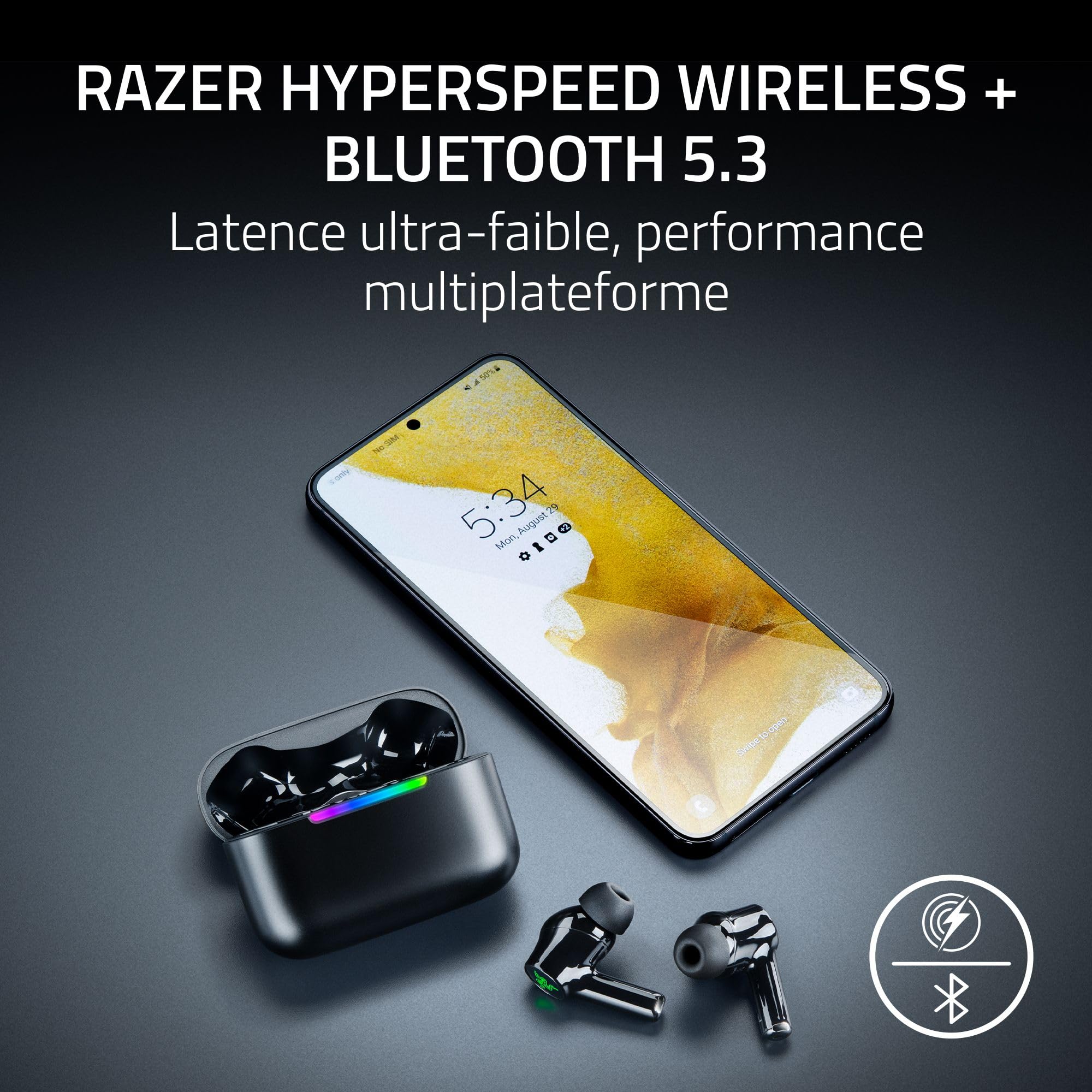 Razer Hammerhead V3 X HyperSpeed - Écouteurs Gaming sans Fil multiplateforme - HyperSpeed Wireless & Bluetooth - 40 Heures d'autonomie - Résistants à l'eau IPX4 - THX Spatial Audio | Noir