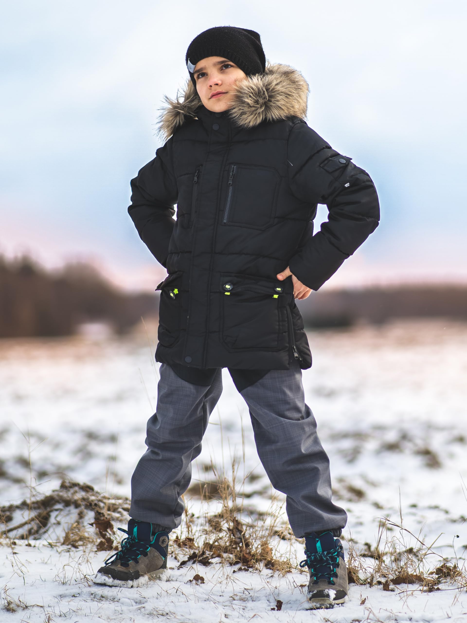 Dziecięce spodnie softshellowe z polarem, odporne na działanie wody i wiatroszczelne, oddychające, ciepłe spodnie outdoorowe, funkcyjne, spodnie zimowe, Jeżyna z antracytem i jednorożcami, 128/134 cm