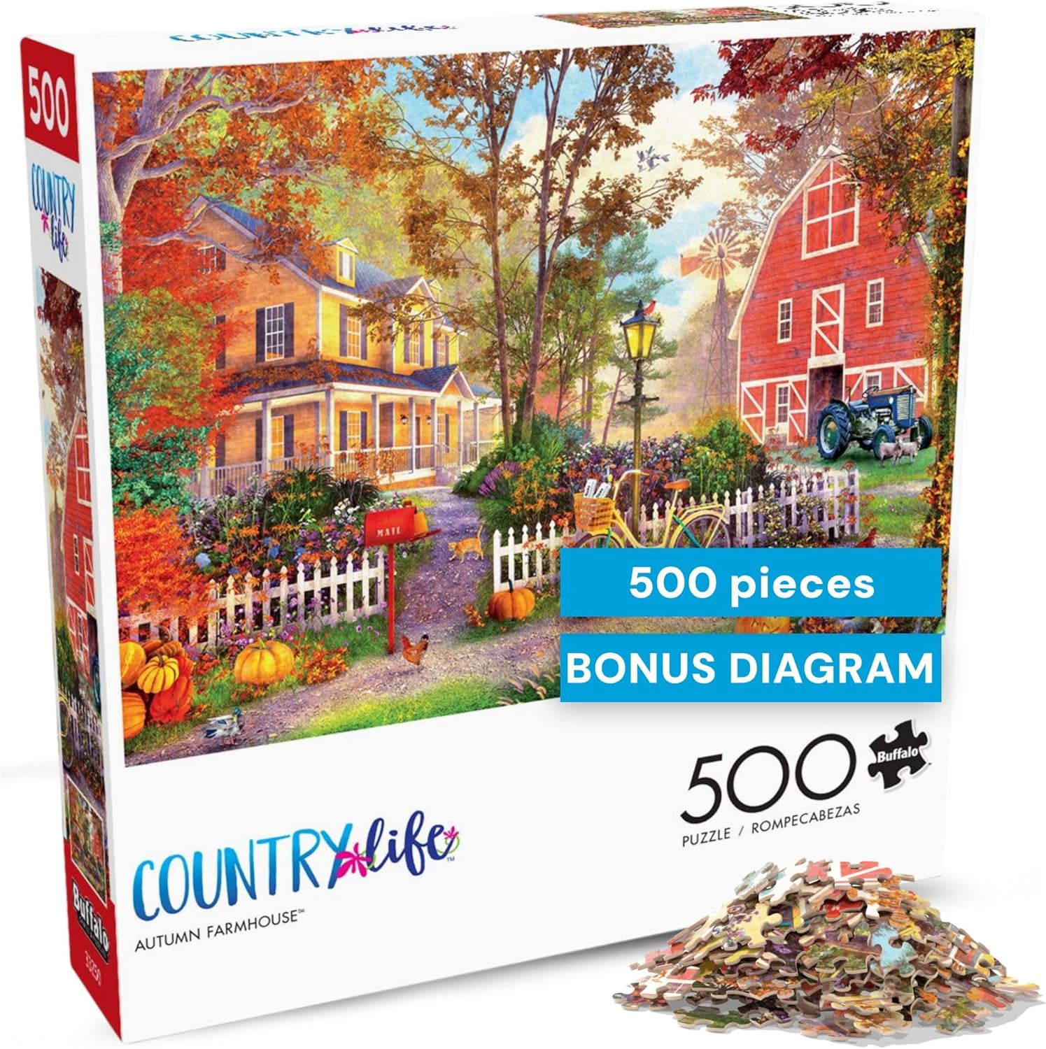 Buffalo Games - Autumn Farmhouse - 500 Piece Fall Jigsaw Puzzle for Adults - Cozy Seasonal Nature Artwork - Challenging Puzzle Perfect for Game Nights - Finished Size 21.25 x 15 - Made in the USA
