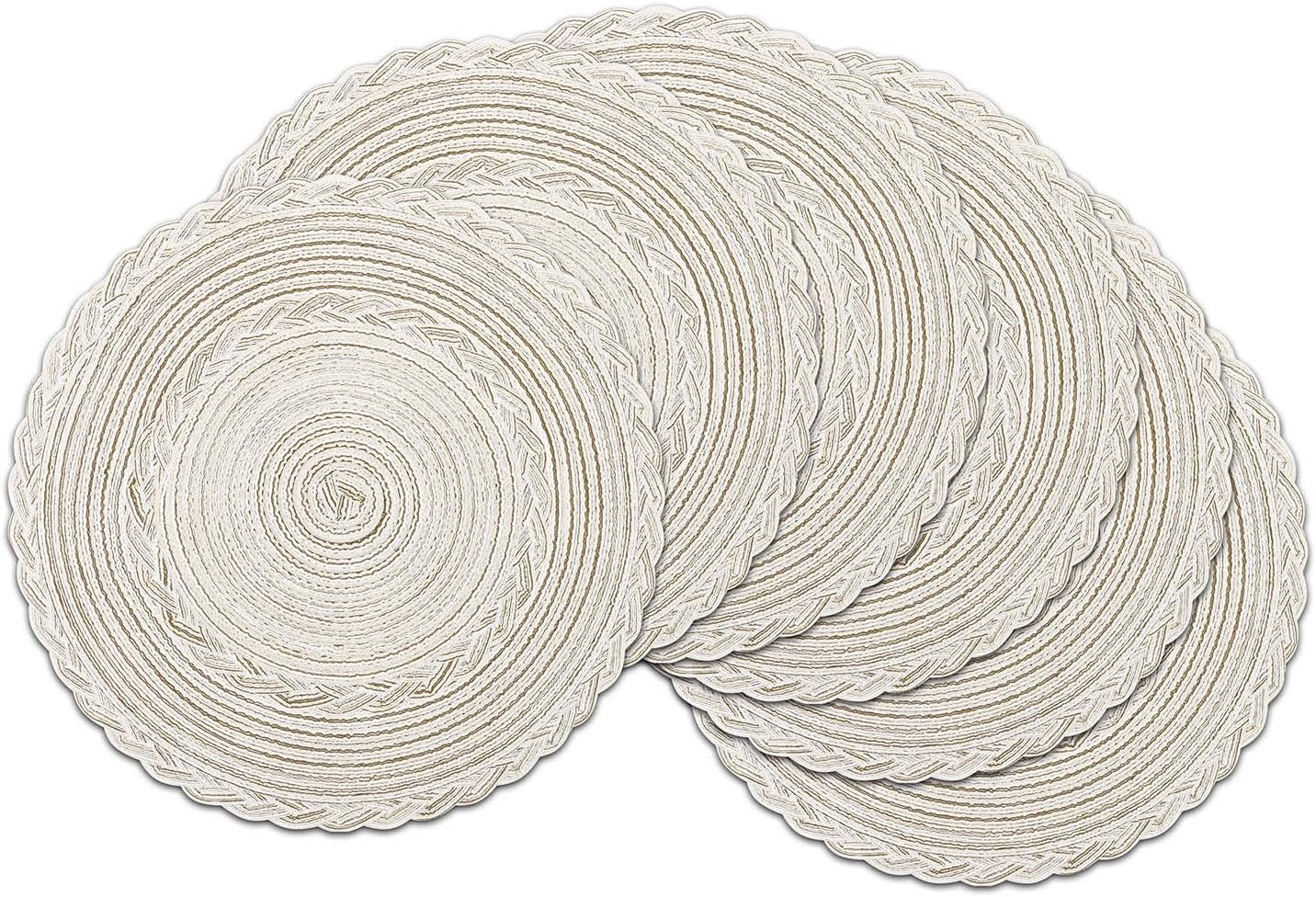 SHACOS Round Placemats Set of 6 Braided Woven Place Mats Washbale Table Placemats Round Heat Resistant Table Mats for Kitchen Dining Table Home Restaurant (Ivory white)