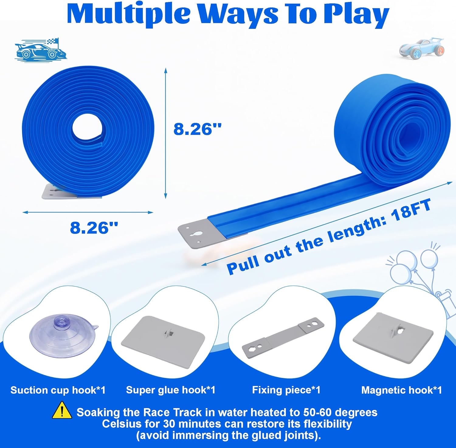 Flexible Race Car Track for Kids Toy, 19Ft Portable Two‑Lane Racing Starter Set, Wall Mount Suction Cups Magnets Hooks, Compatible for Vehicles up to 1/64th Scale-Blue