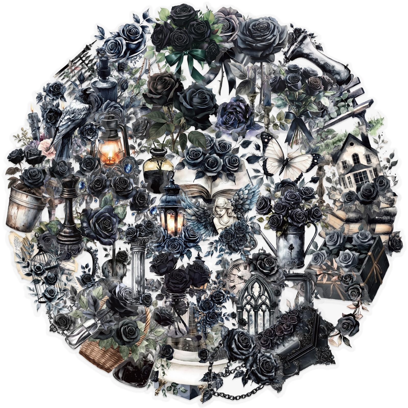50Pcs Transparent Black Rose Stickers for Scrapbooking PET Nature Plant Sticker Floral Stickers Colorful Vintage Craft Sticker for Journaling