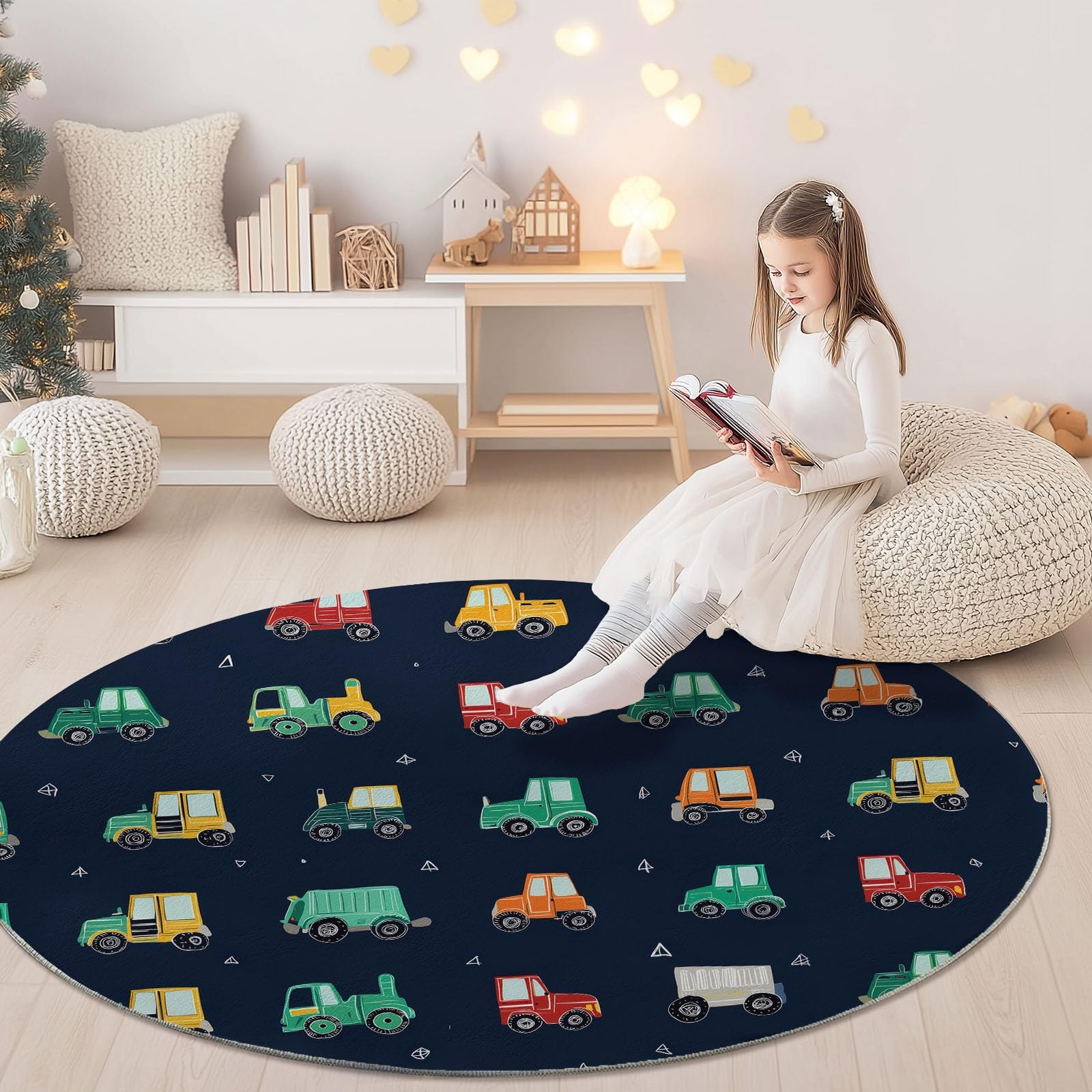 Tappeto rotondo lavabile in lavatrice Modello Di Veicolo Da Costruzione, Stile Carino Tappetino antiscivolo assorbente per camera da letto, soggiorno, cameretta bambini, interno 150 cm, Blu Scuro